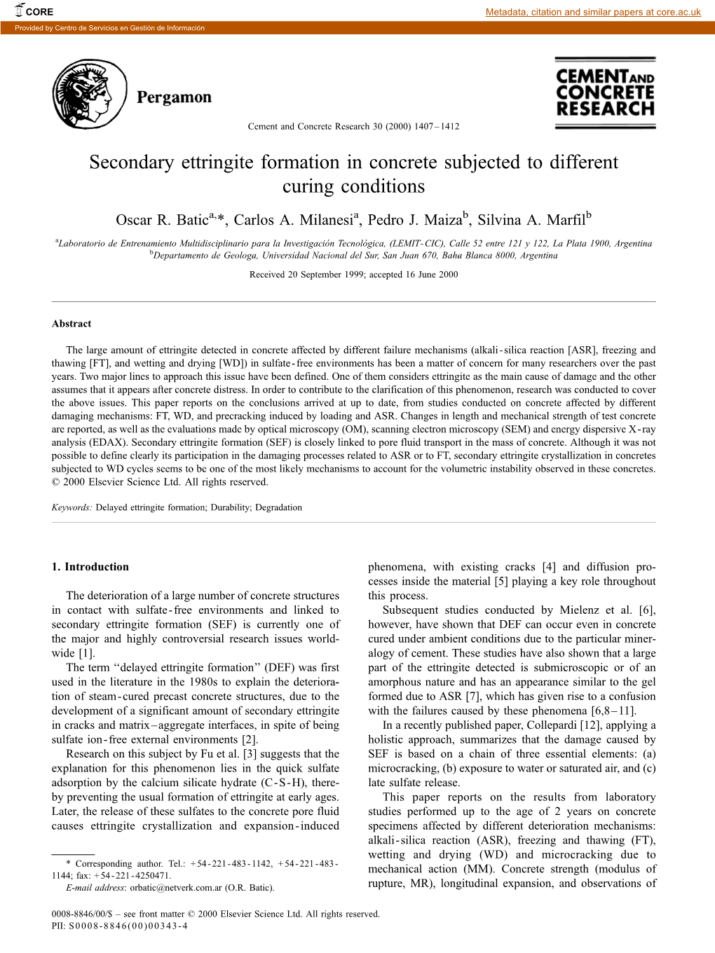 Secondary Ettringite Formation in Concrete Subjected to Different Curing Conditions