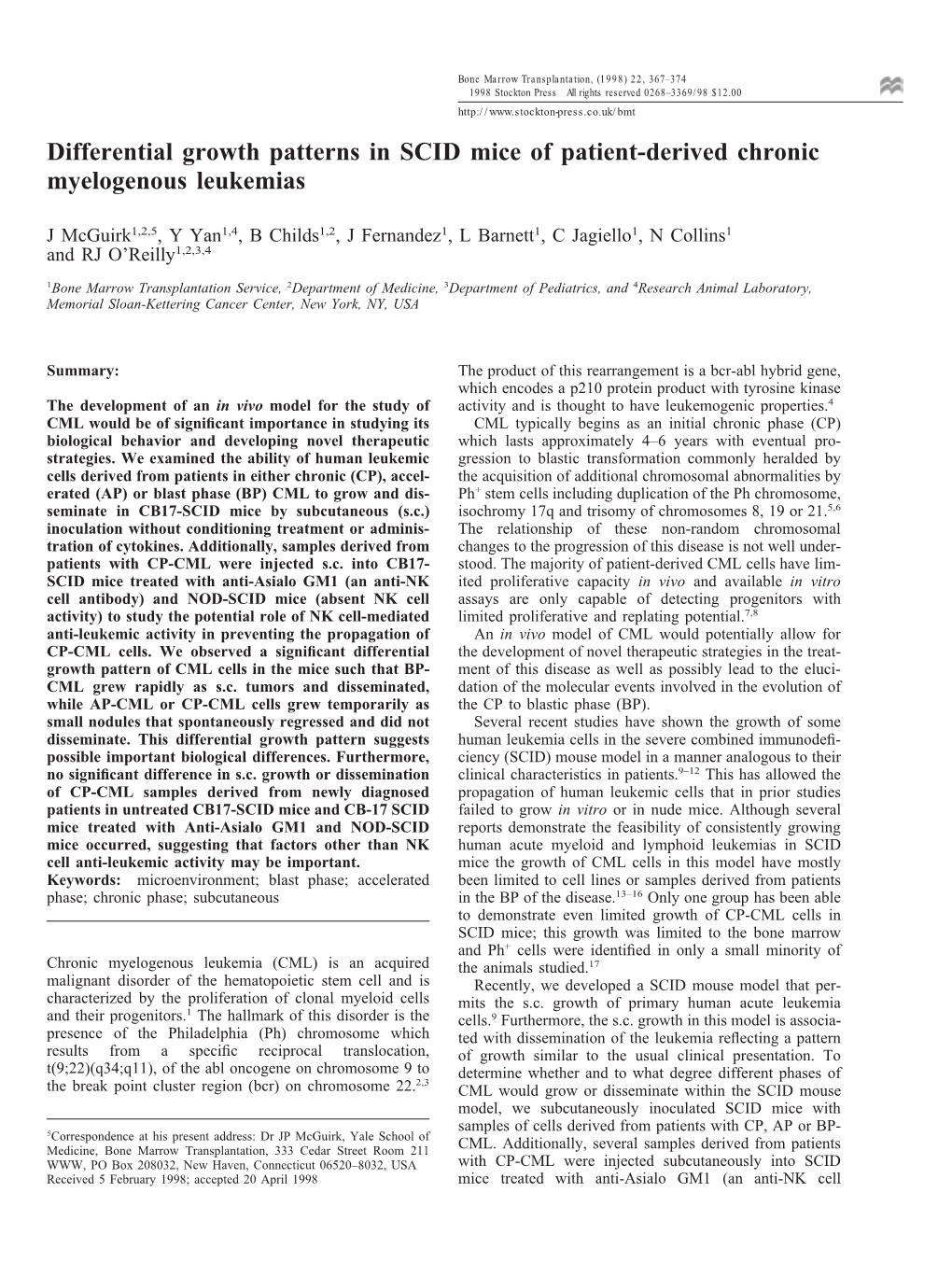 Differential Growth Patterns in SCID Mice of Patient-Derived Chronic Myelogenous Leukemias