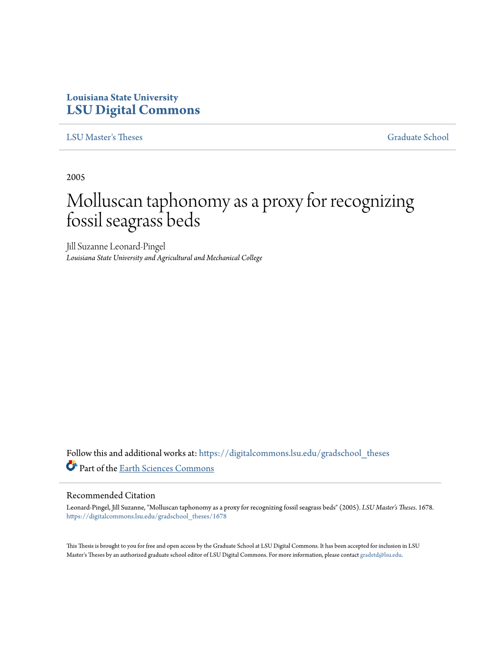 Molluscan Taphonomy As a Proxy for Recognizing Fossil Seagrass Beds Jill Suzanne Leonard-Pingel Louisiana State University and Agricultural and Mechanical College