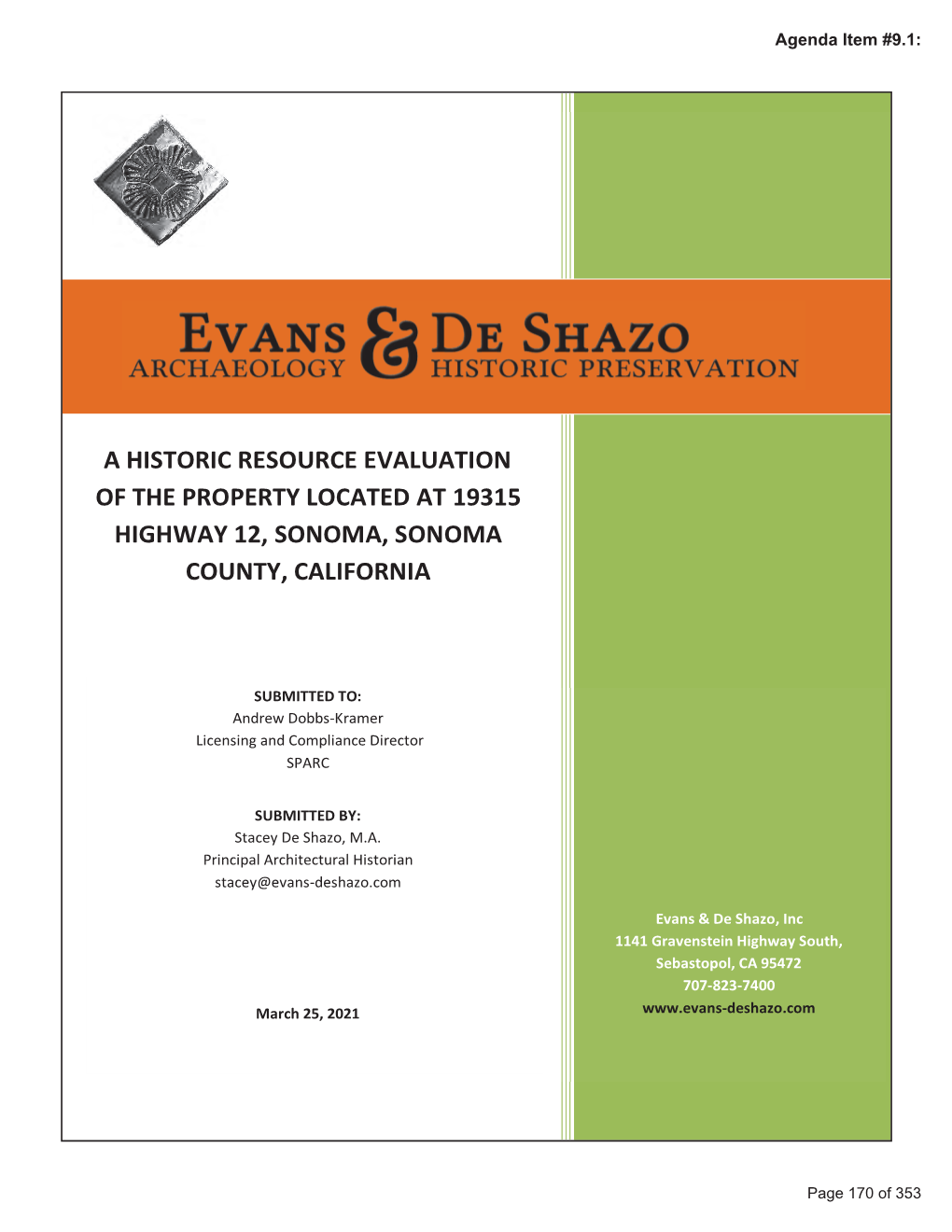 A Historic Resource Evaluation of the Property Located at 19315 Highway 12, Sonoma, Sonoma County, California