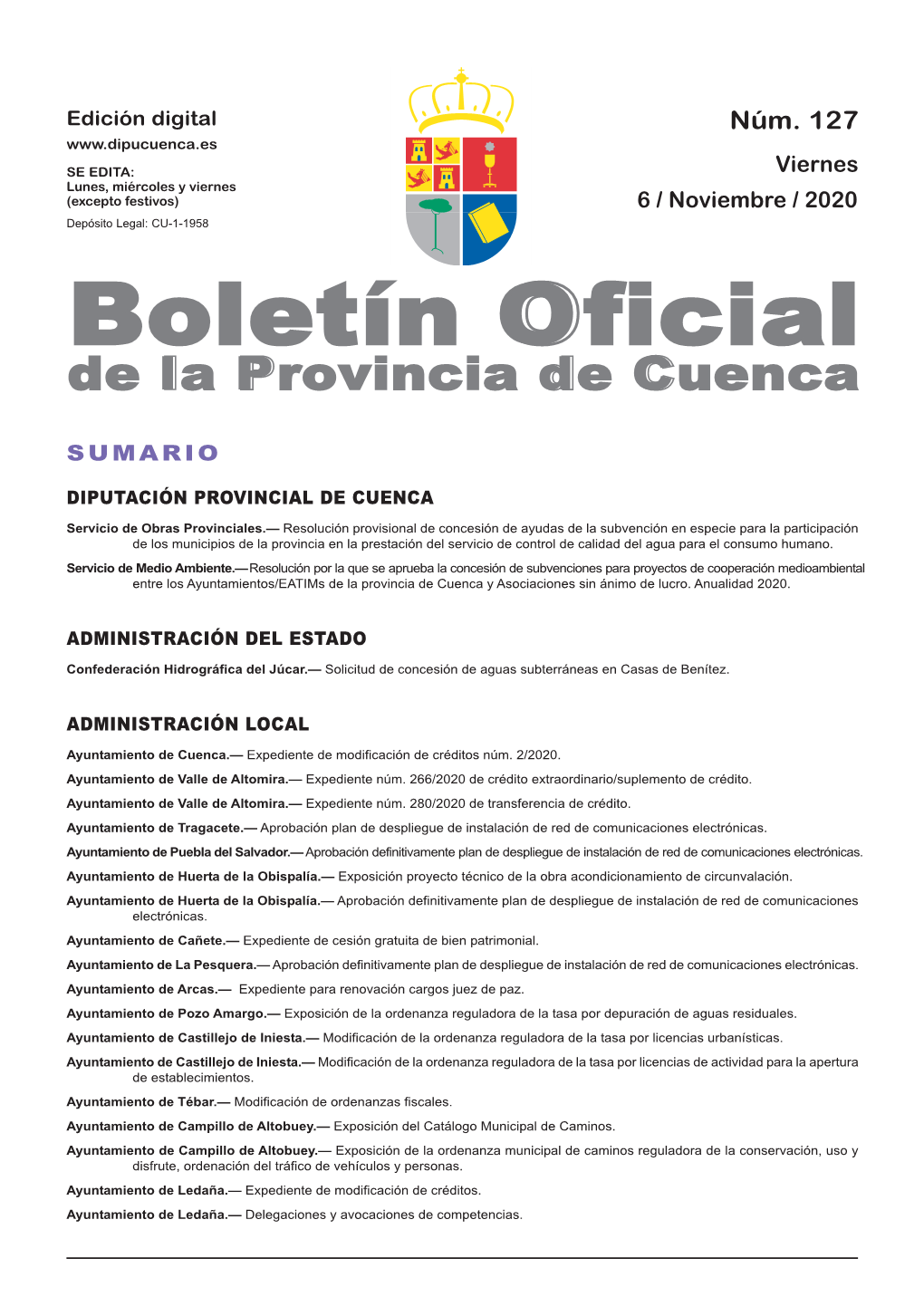 Boletín Oficial De La Provincia De Cuenca Sumario Diputación Provincial De Cuenca