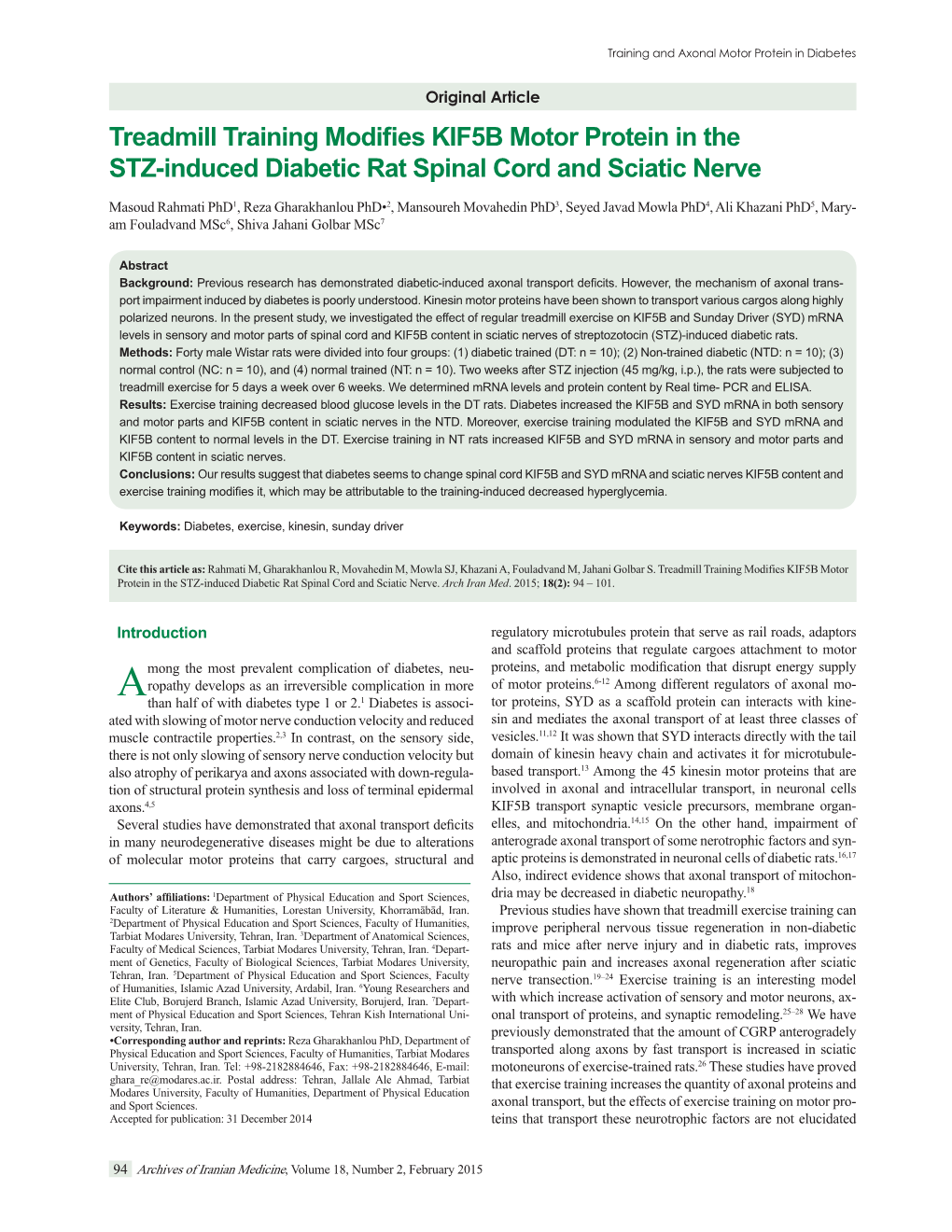 Treadmill Training Modifies KIF5B Motor Protein in the STZ-Induced Diabetic Rat Spinal Cord and Sciatic Nerve