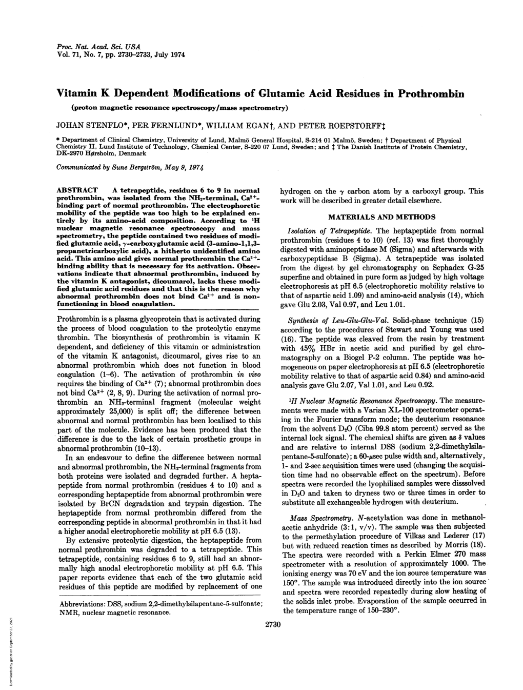 Vitamin K Dependent Modifications of Glutamic Acid Residues In