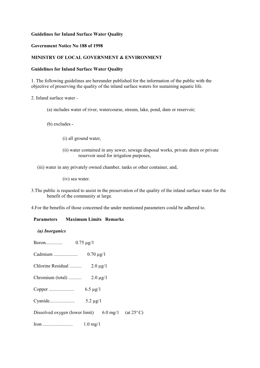 Guidelines for Inland Surface Water Quality