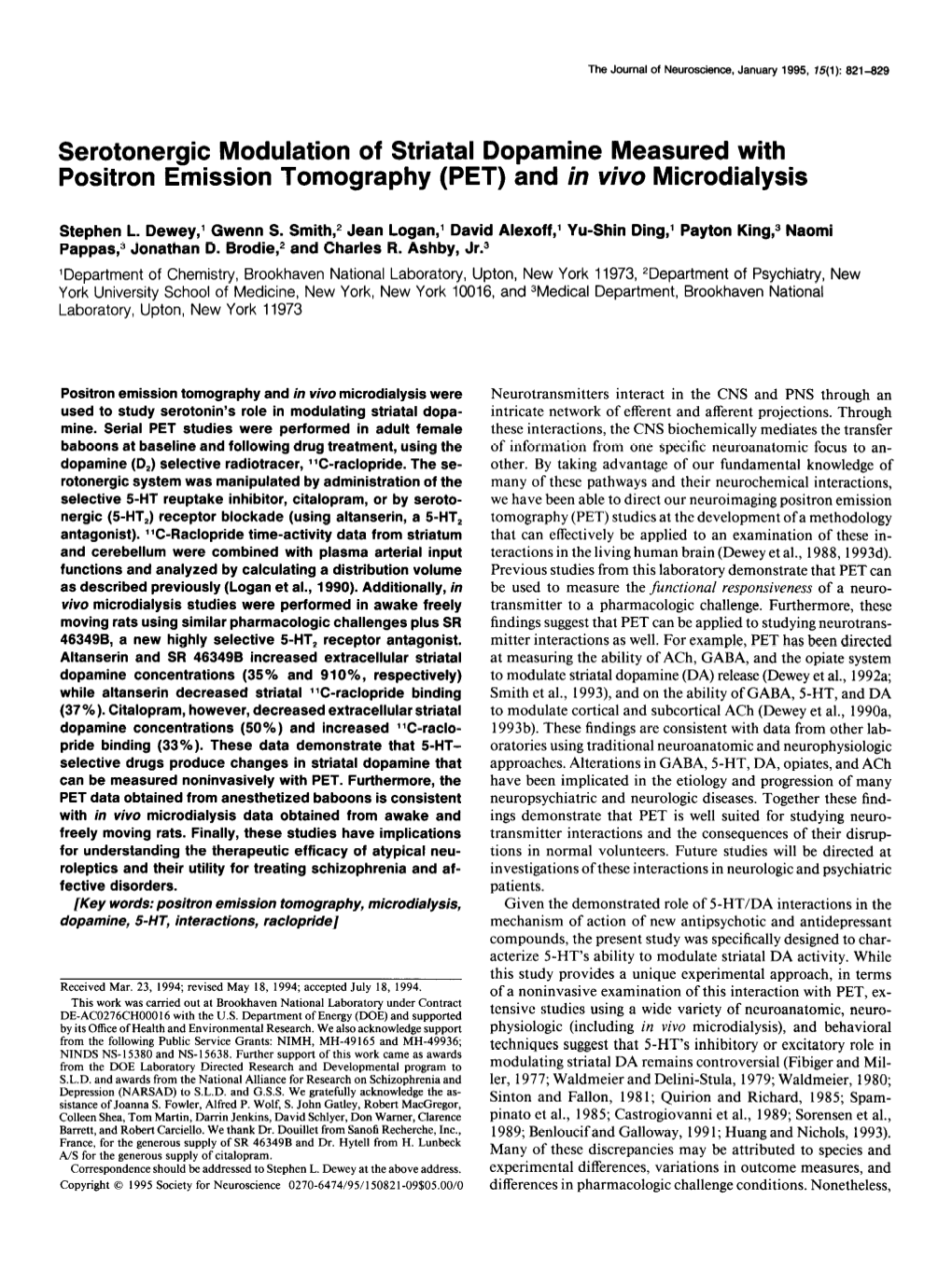 Serotonergic Modulation of Striatal Dopamine Measured with Positron Emission Tomography (PET) and in Viva Microdialysis