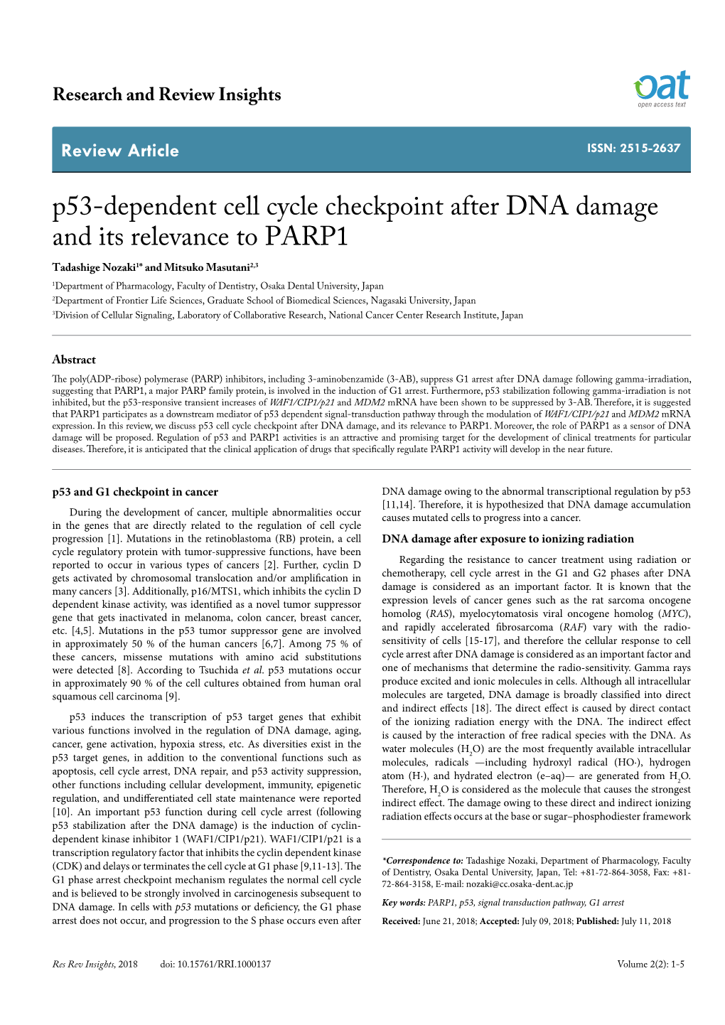 P53-Dependent Cell Cycle Checkpoint After DNA Damage and Its