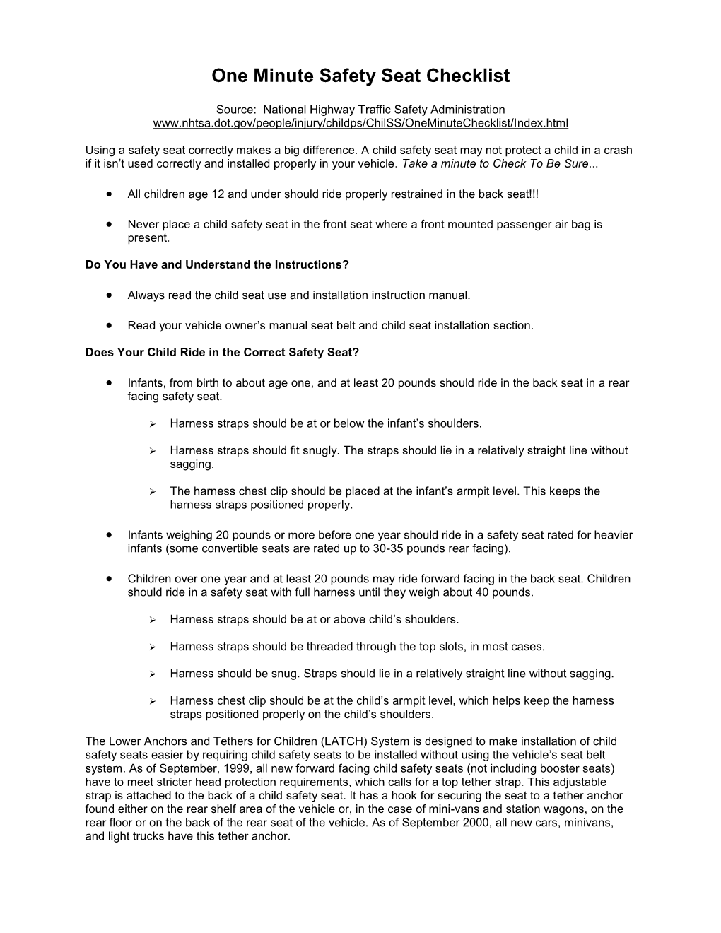 One Minute Safety Seat Checklist