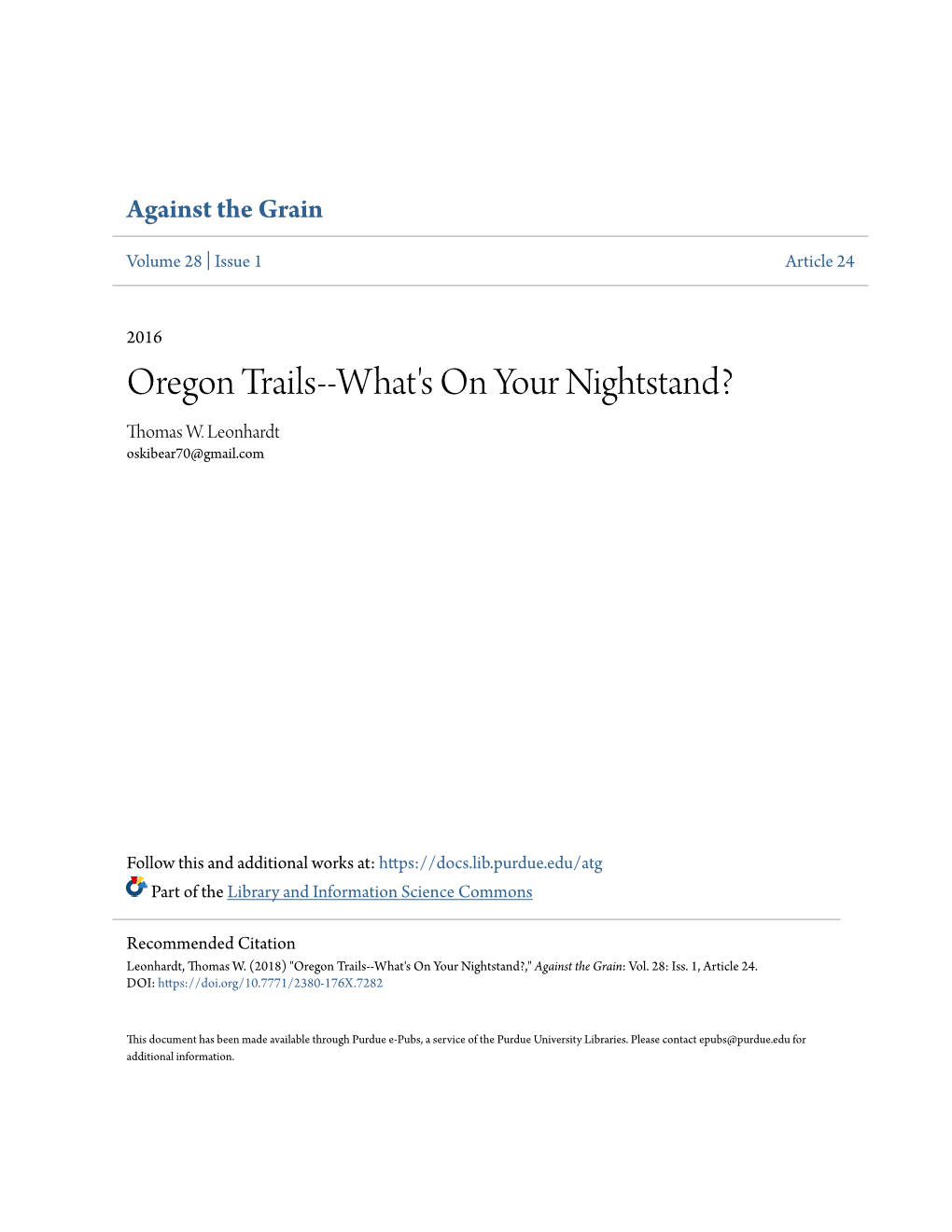 Oregon Trails--What's on Your Nightstand? Thomas W