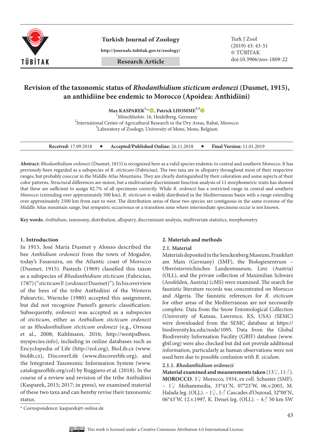 Revision of the Taxonomic Status of Rhodanthidium Sticticum Ordonezi (Dusmet, 1915), an Anthidiine Bee Endemic to Morocco (Apoidea: Anthidiini)