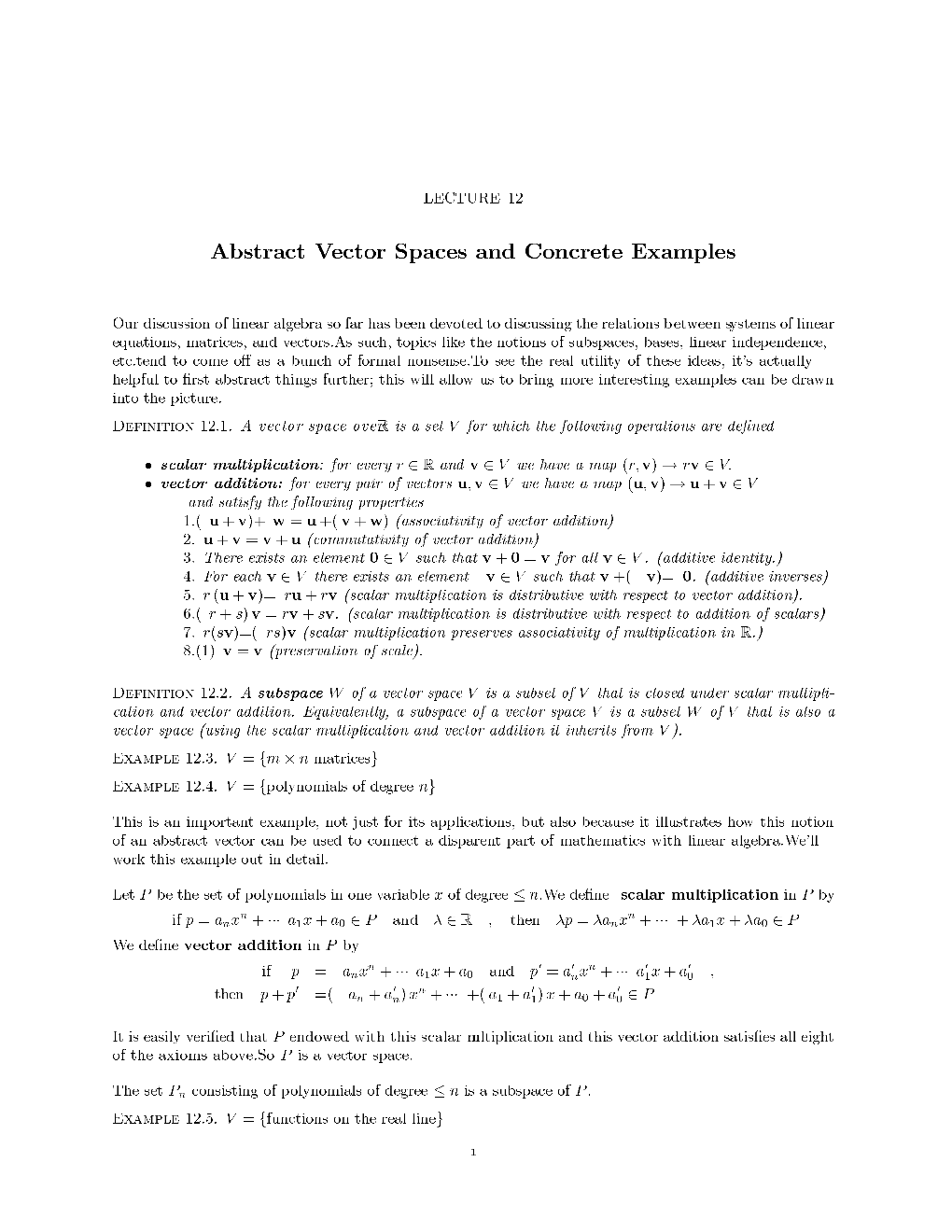 Lecture 12: Abstract Vector Spaces and Concrete Examples