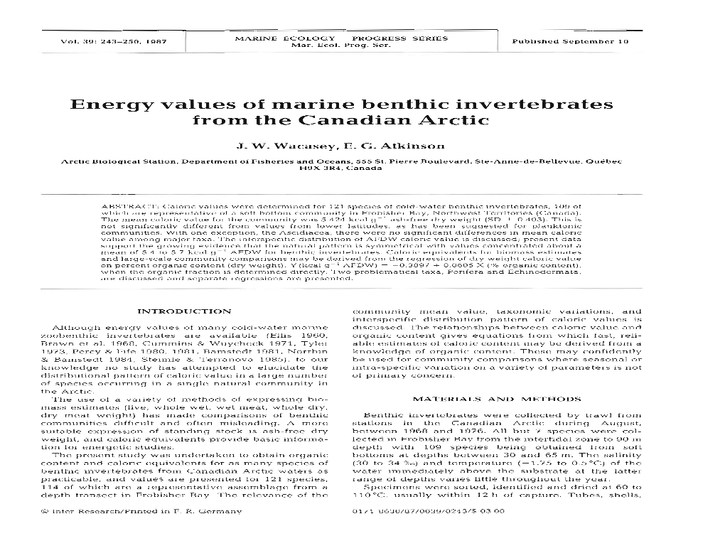 Energy Values of Marine Benthic Invertebrates from the Canadian Arctic