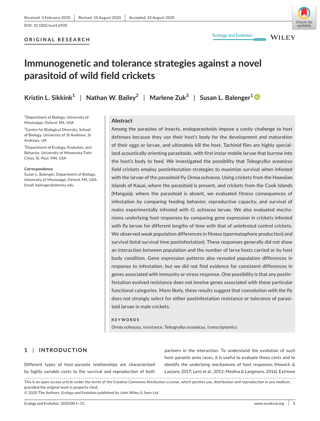 Immunogenetic and Tolerance Strategies Against a Novel Parasitoid of Wild Field Crickets