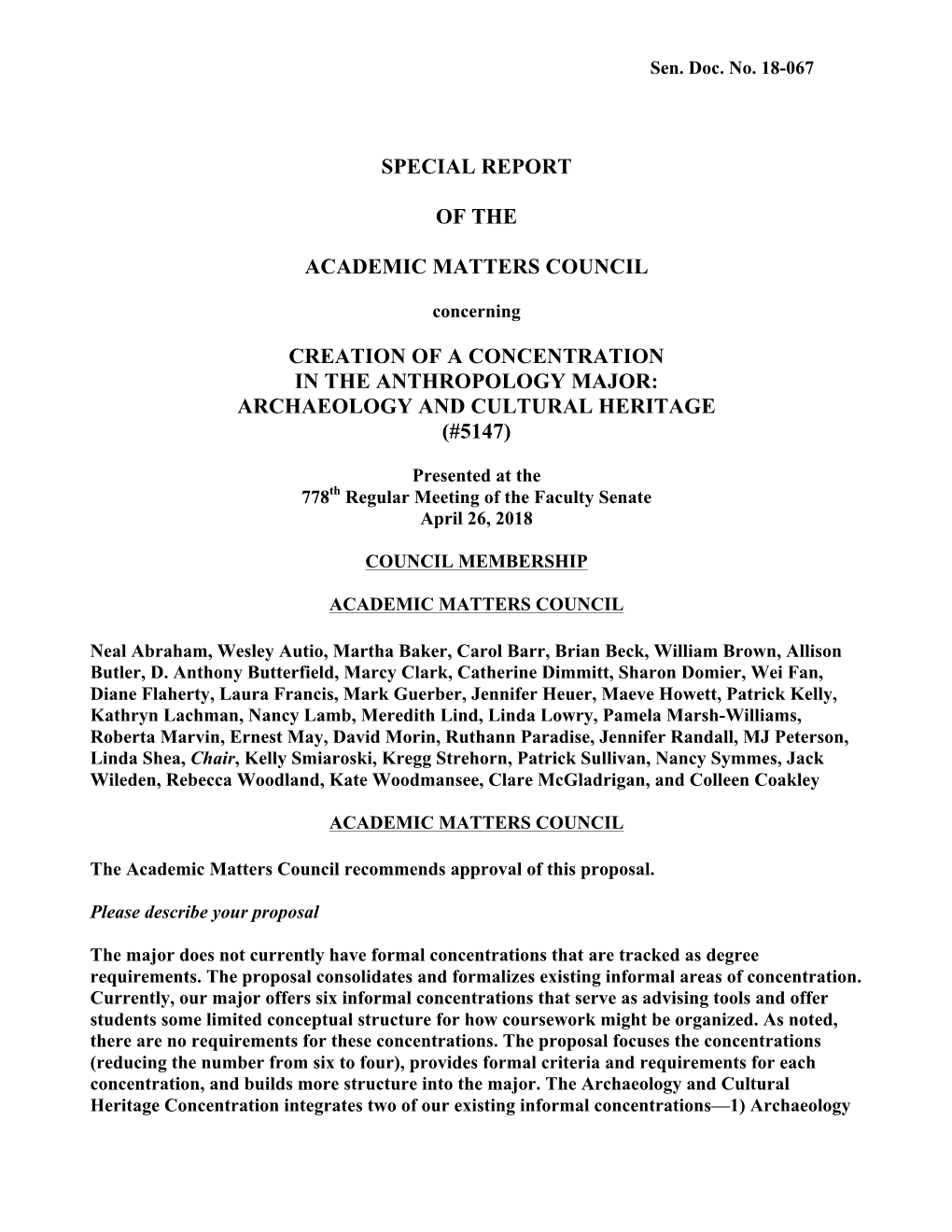 Special Report of the Academic Matters Council Creation of a Concentration in the Anthropology Major: Archaeology and Cultural H