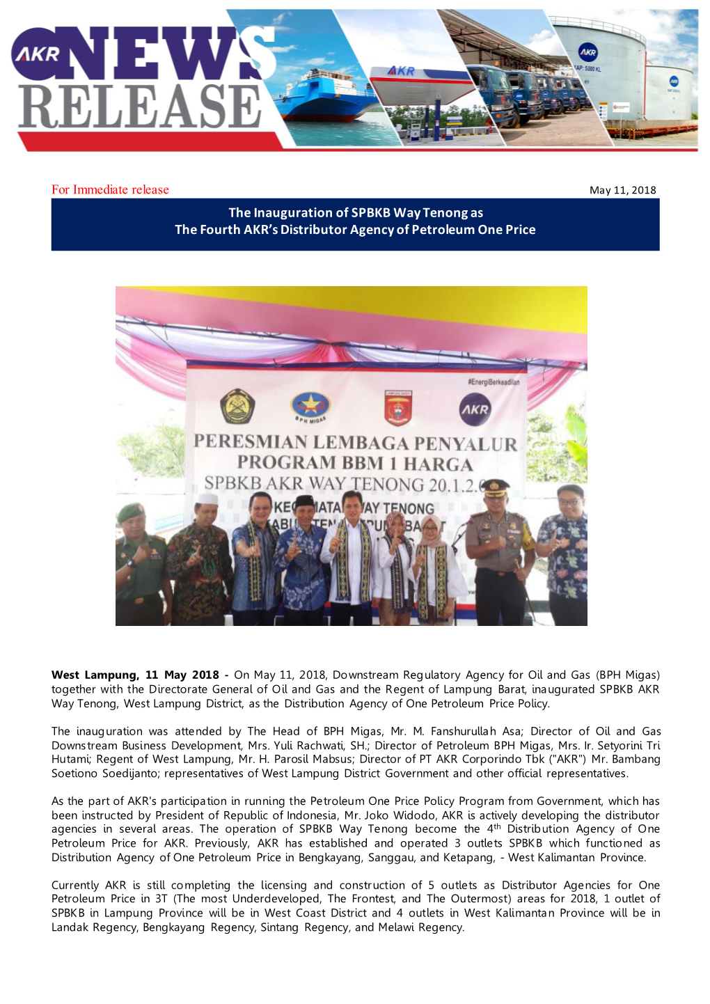 The Inauguration of SPBKB Way Tenong As the Fourth AKR's