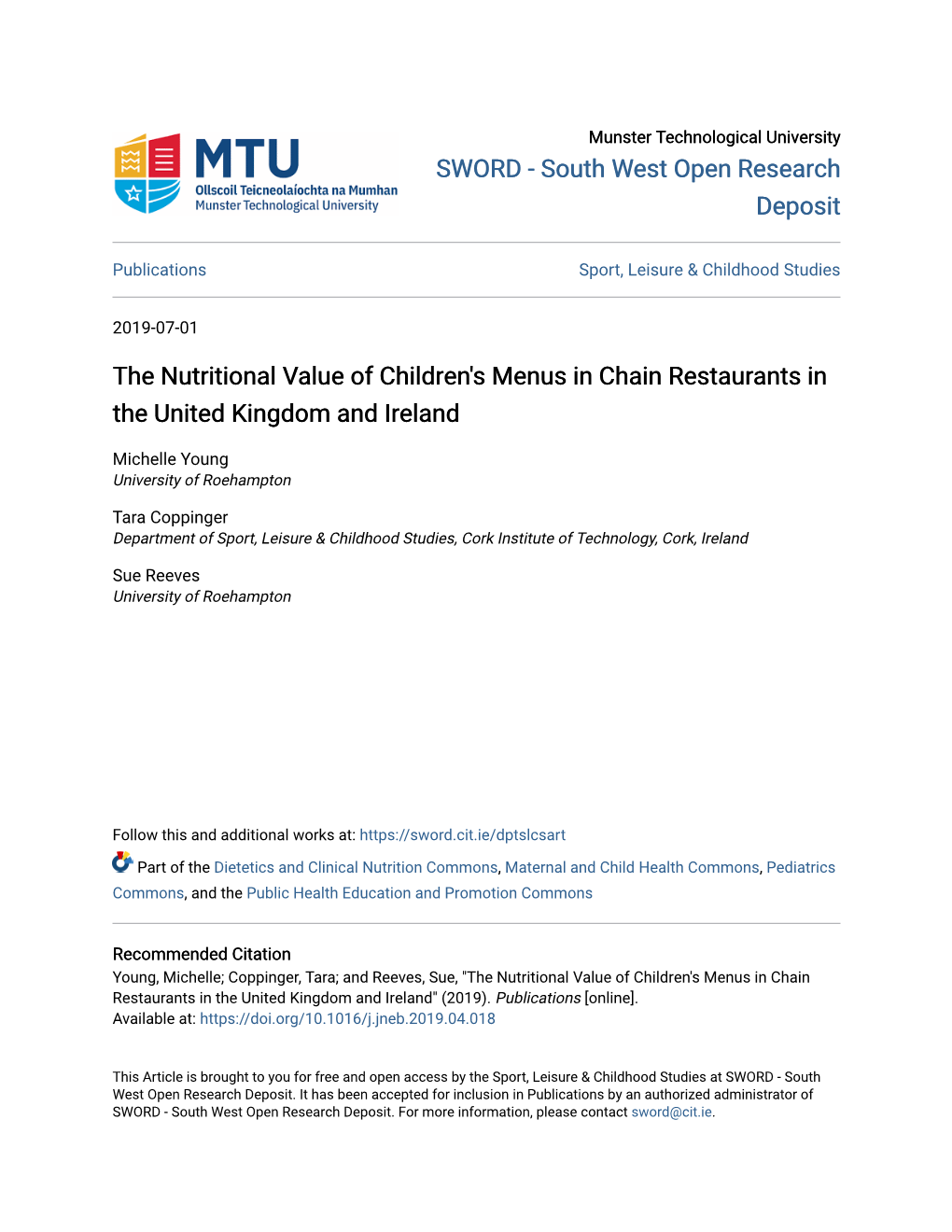 The Nutritional Value of Children's Menus in Chain Restaurants in the United Kingdom and Ireland