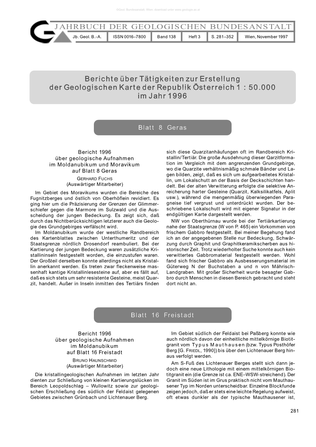 JAHRBUCH DER GEOLOGISCHEN BUNDESANSTALT Berichte Über Tätigkeiten Zur Erstellung Der Geologischen Karte Der Republik Österrei