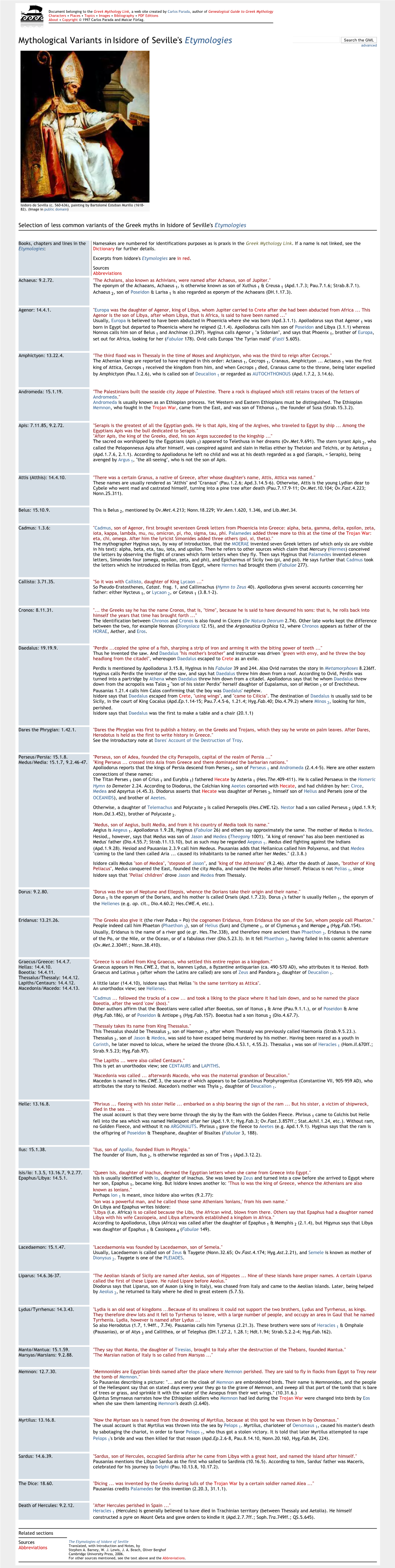 Mythological Variants Inisidore of Seville's Etymologies