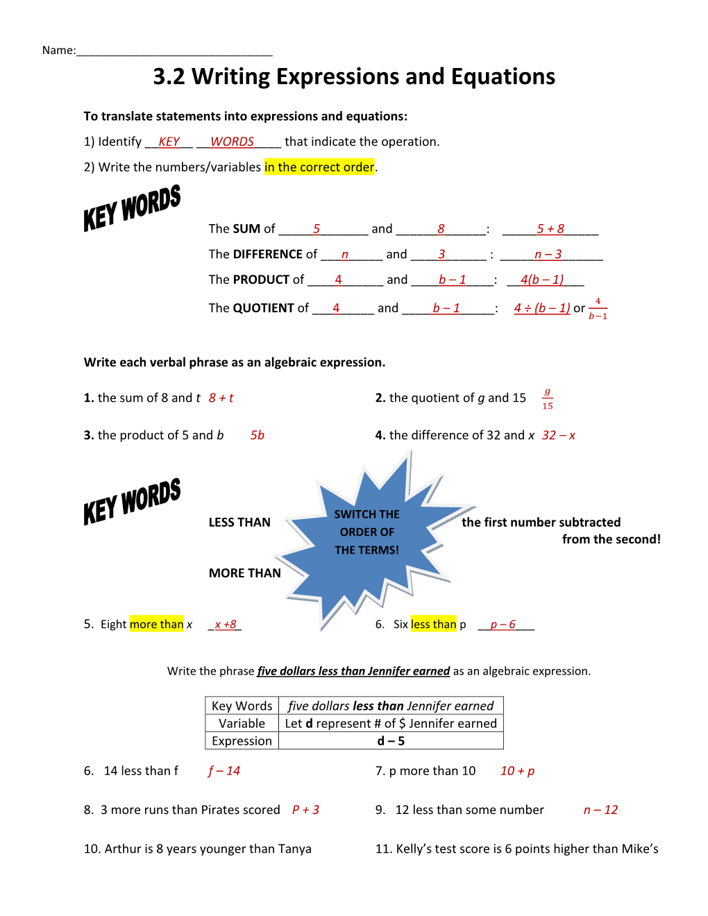 3.2 Writing Expressions and Equations