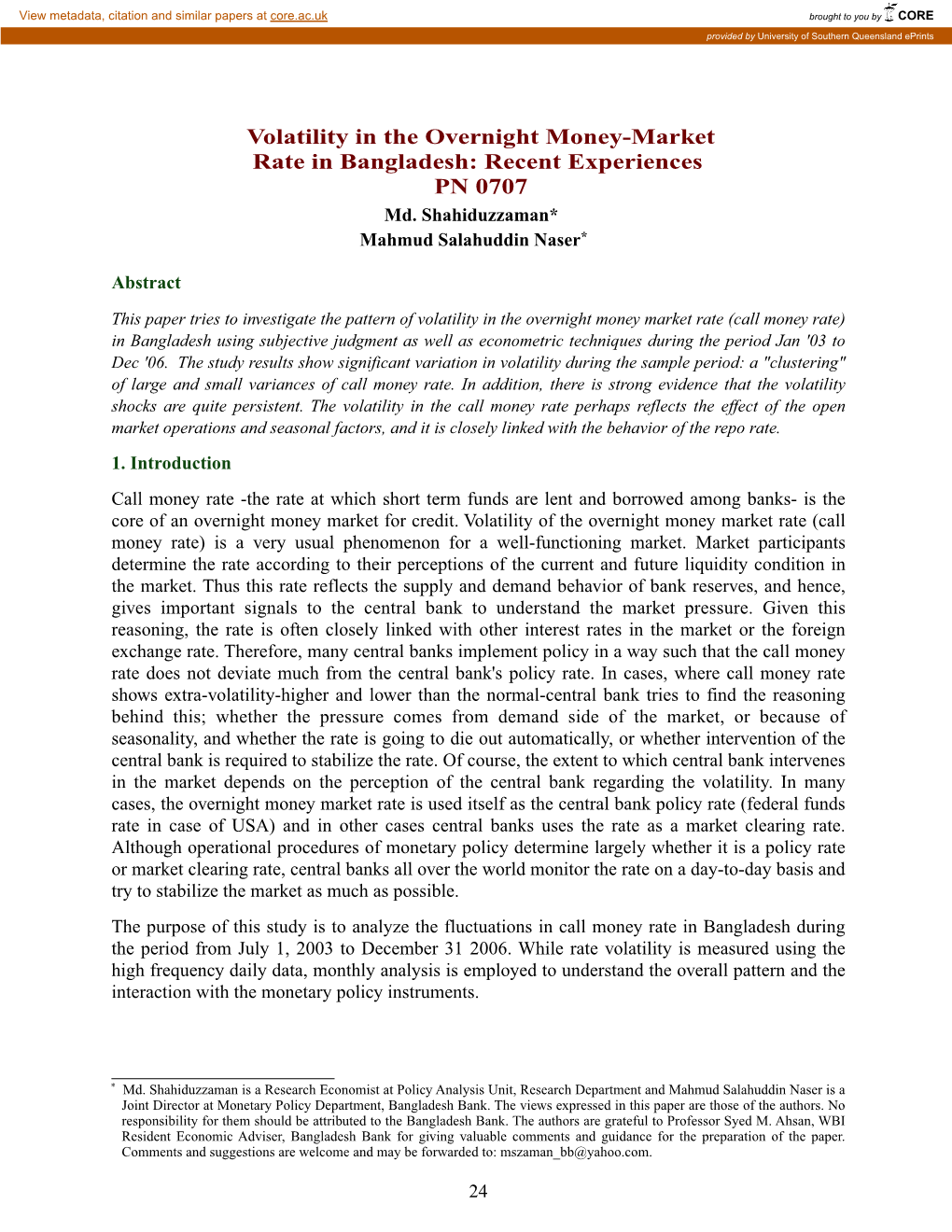 Volatility in the Overnight Money-Market Rate in Bangladesh: Recent Experiences PN 0707 Md