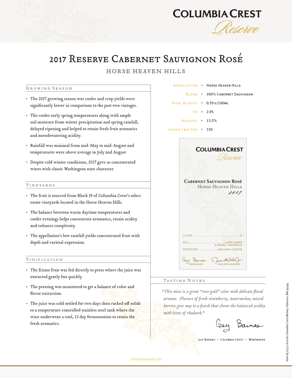 2017 Reserve Cabernet Sauvignon Rosé Horse Heaven Hills