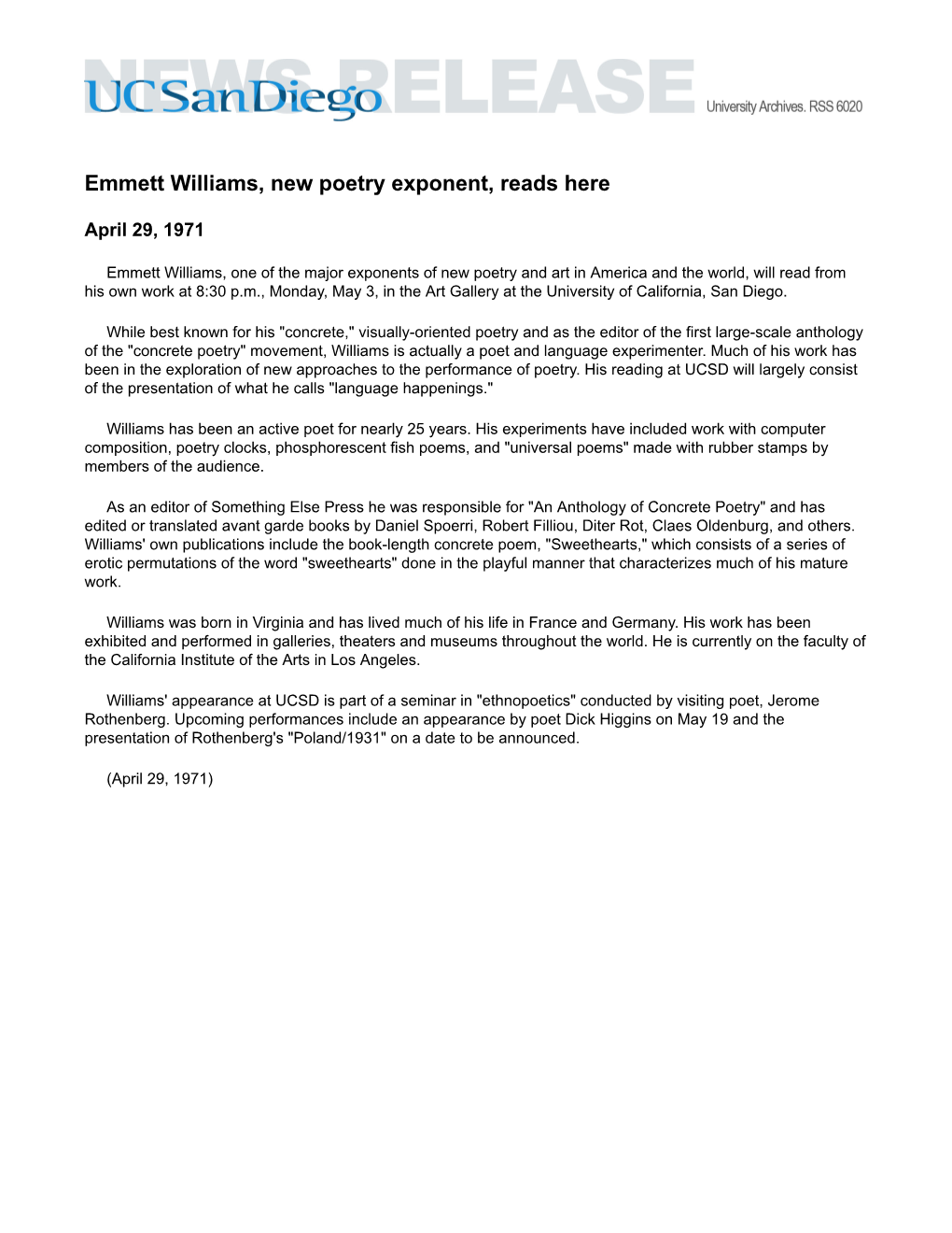 Emmett Williams, New Poetry Exponent, Reads Here