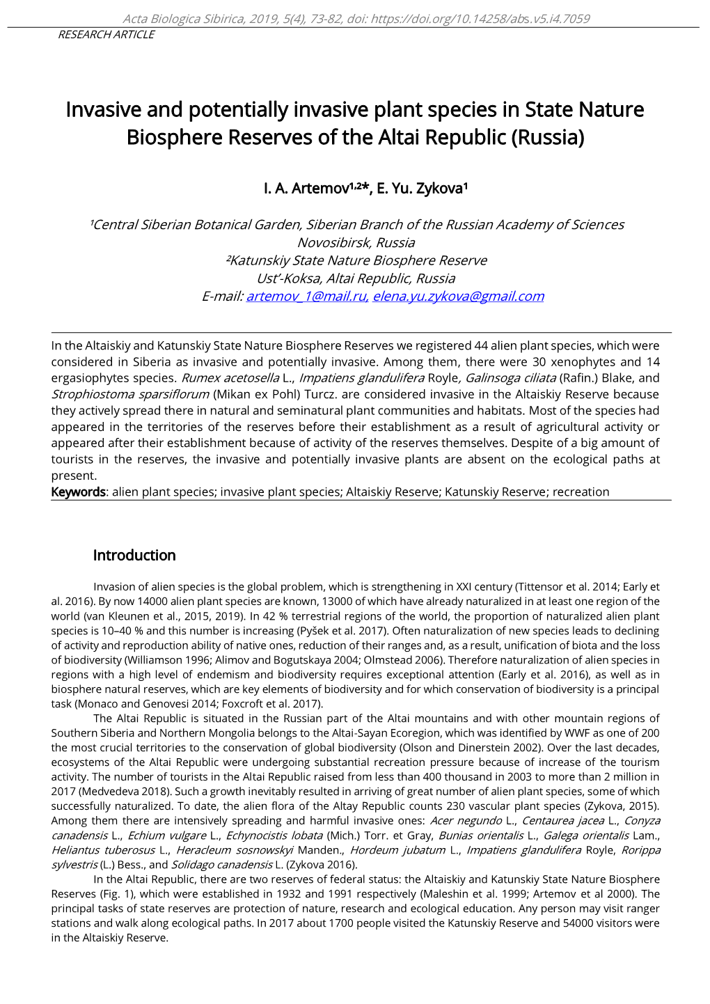 Invasive and Potentially Invasive Plant Species in State Nature Biosphere Reserves of the Altai Republic (Russia)