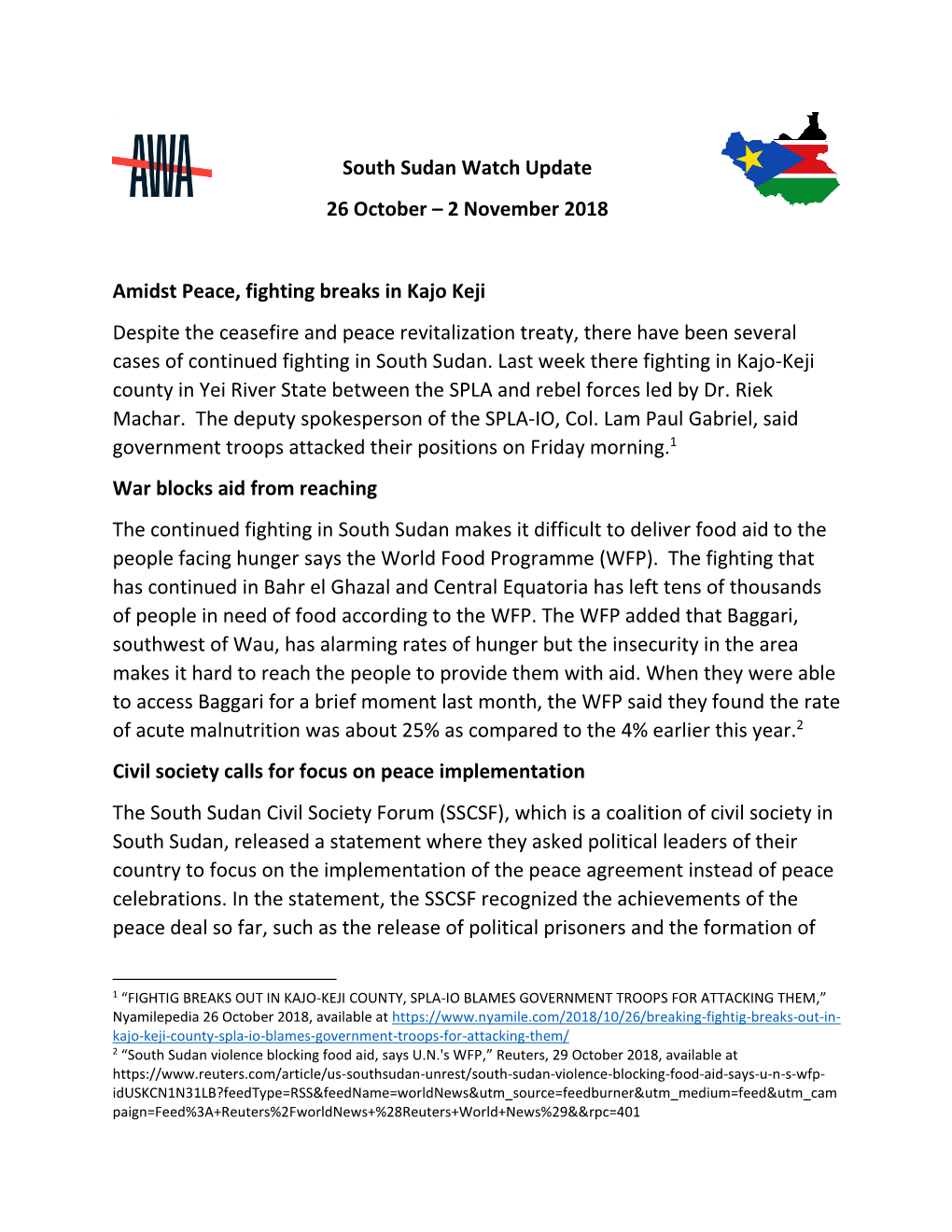 South Sudan Watch Update 26 October – 2 November 2018 Amidst
