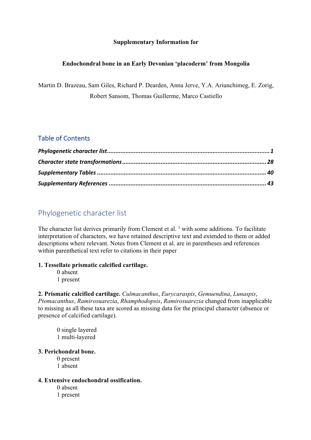 Phylogenetic Character List