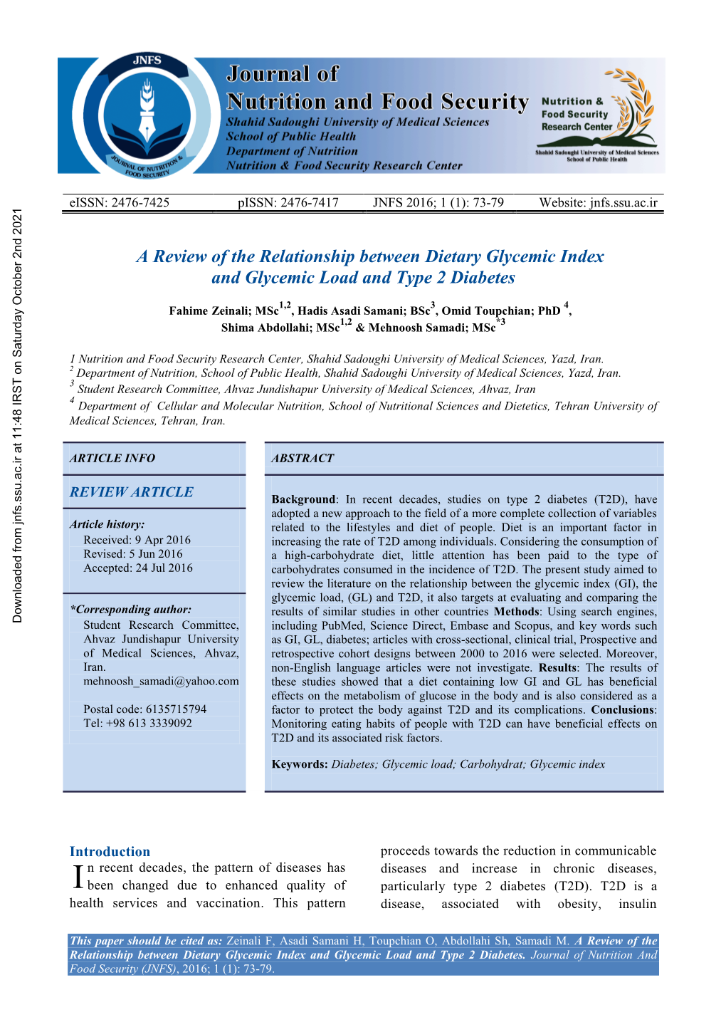 A Review of the Relationship Between Dietary Glycemic Index and Glycemic Load and Type 2 Diabetes