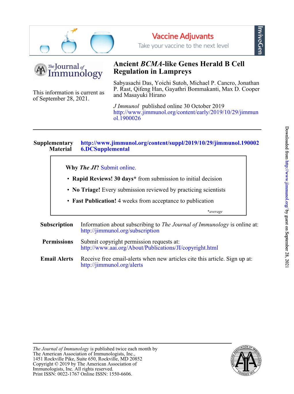 Ancient BCMA-Like Genes Herald B Cell Regulation in Lampreys Sabyasachi Das, Yoichi Sutoh, Michael P