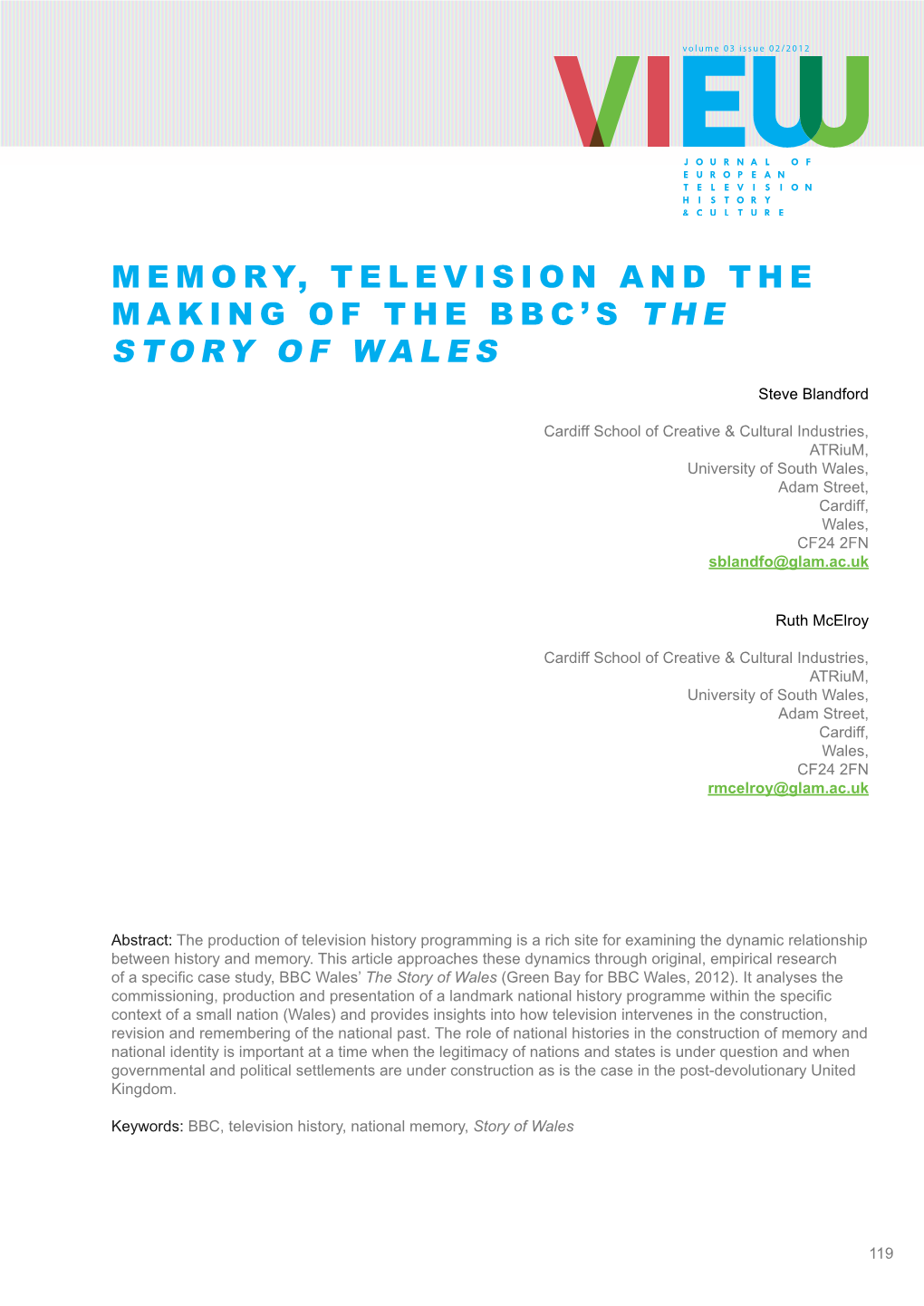 Memory, Television and the Making of the BBC's the Story of Wales