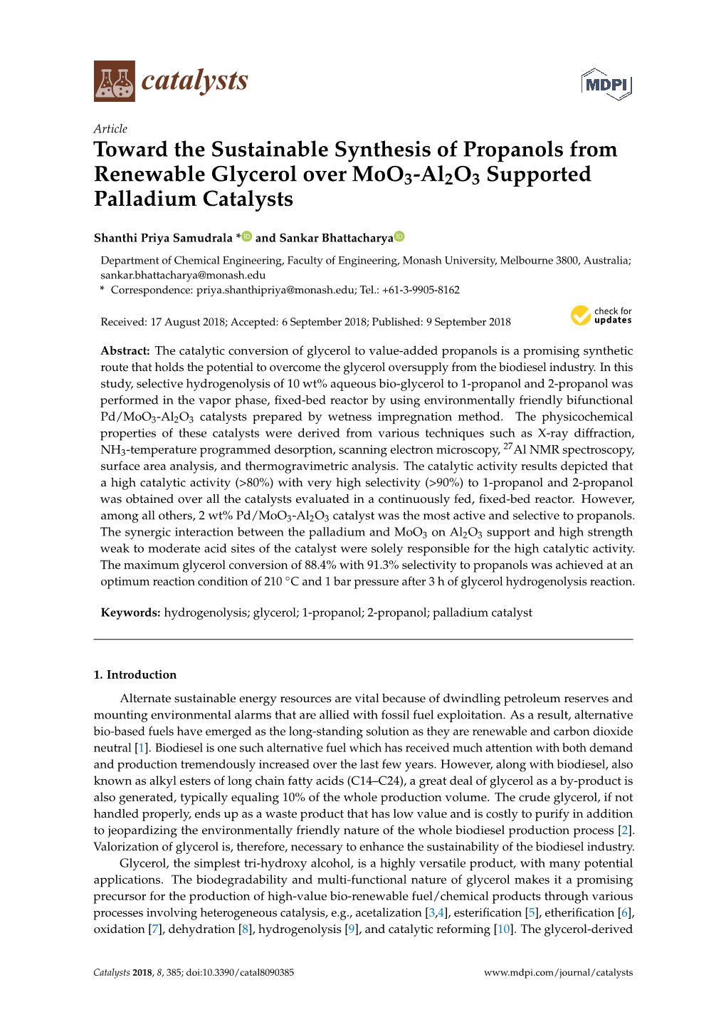 Toward the Sustainable Synthesis of Propanols from Renewable Glycerol Over Moo3-Al2o3 Supported Palladium Catalysts