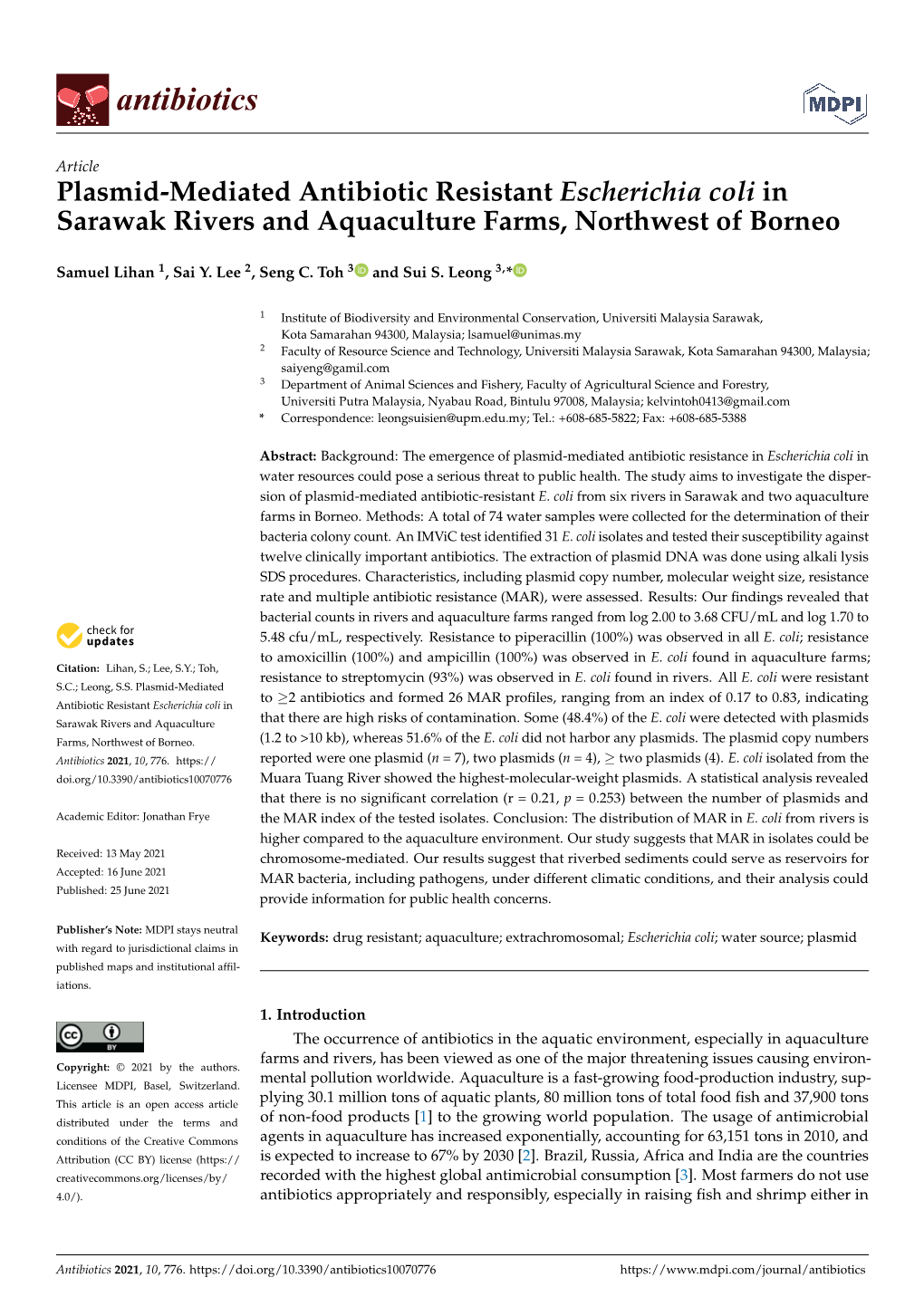 Plasmid-Mediated Antibiotic Resistant Escherichia Coli in Sarawak Rivers and Aquaculture Farms, Northwest of Borneo