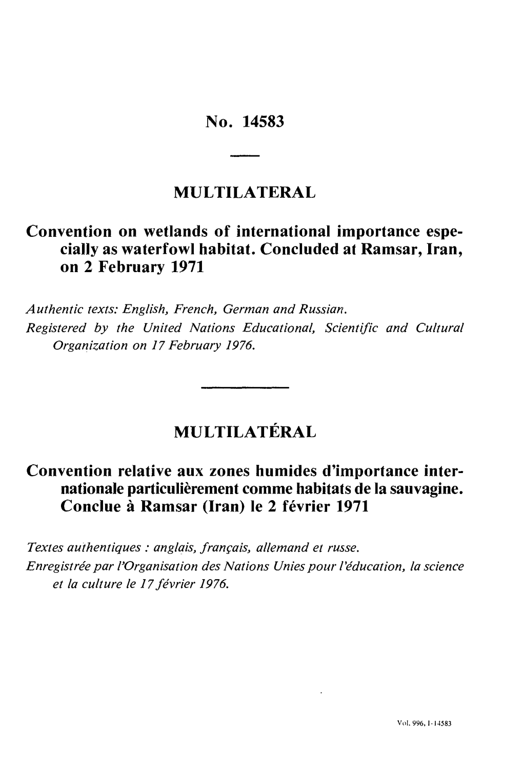 No. 14583 MULTILATERAL Convention on Wetlands Of