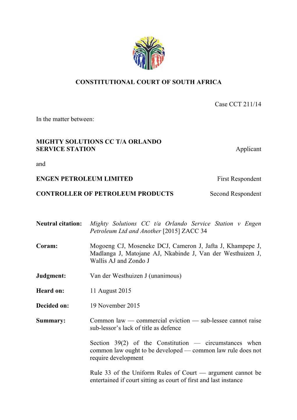 CONSTITUTIONAL COURT of SOUTH AFRICA Case CCT 211/14 in the Matter Between