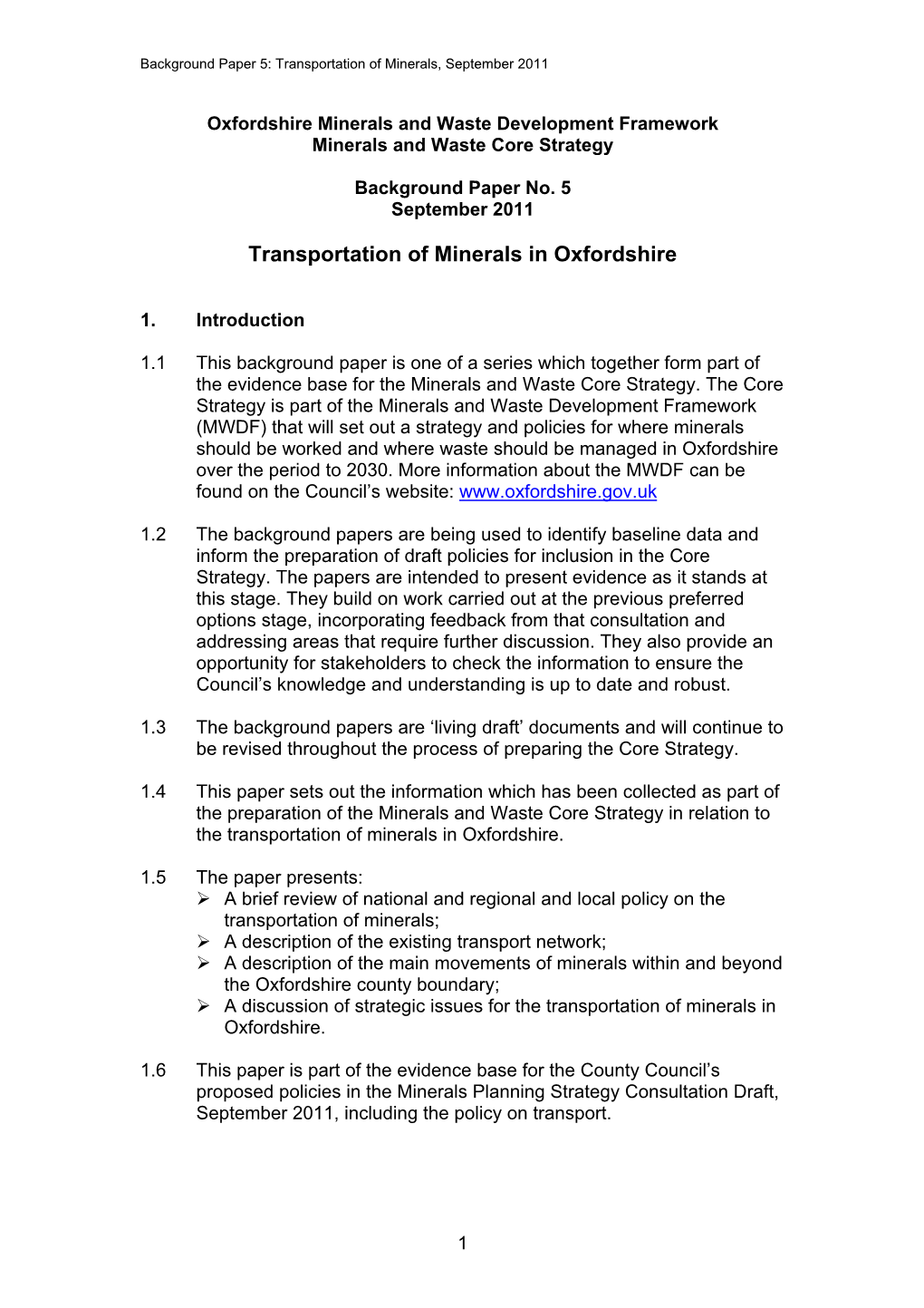 Background Paper 5: Transportation of Minerals, September 2011