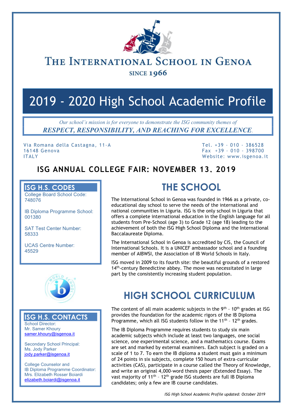 2019 - 2020 High School Academic Profile