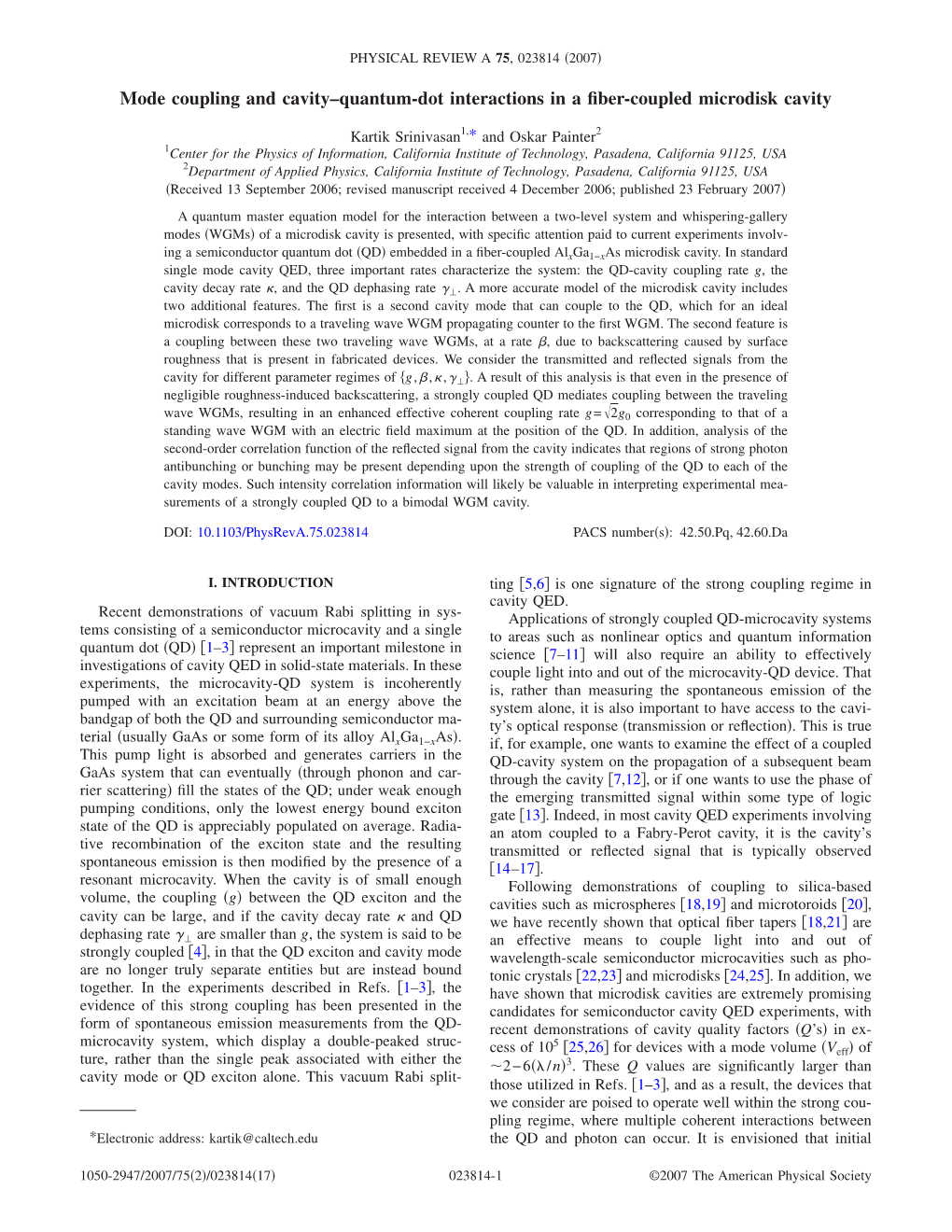 Mode Coupling and Cavity–Quantum-Dot Interactions in a Fiber