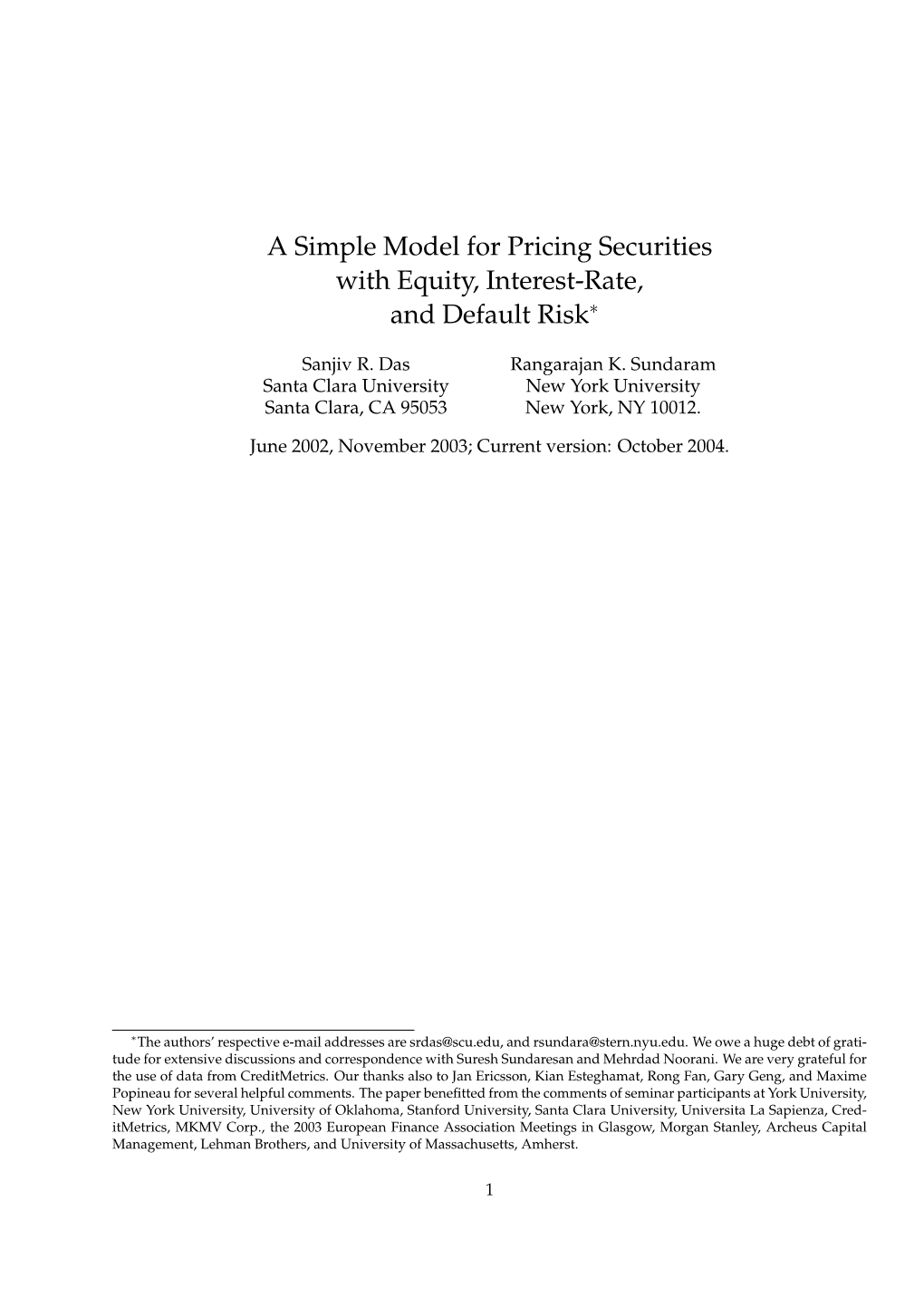 A Simple Model for Pricing Securities with Equity, Interest-Rate, and Default Risk∗