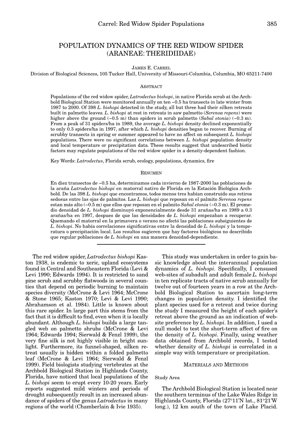 Population Dynamics of the Red Widow Spider (Araneae: Theridiidae)