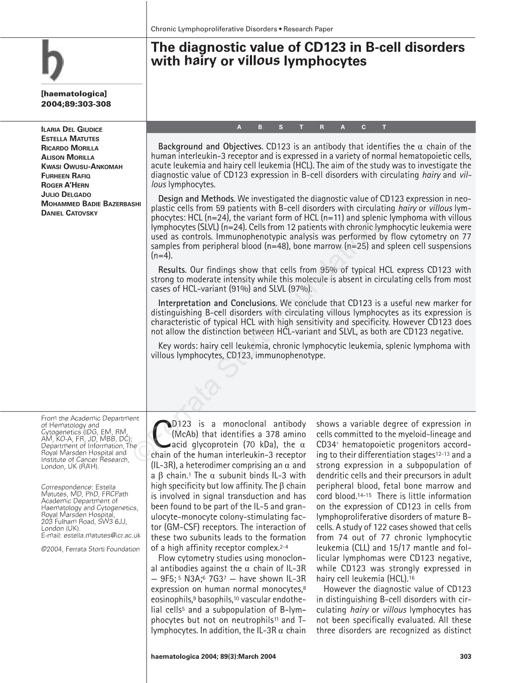 The Diagnostic Value of CD123 in B-Cell Disorders with Hairy Or Villous Lymphocytes