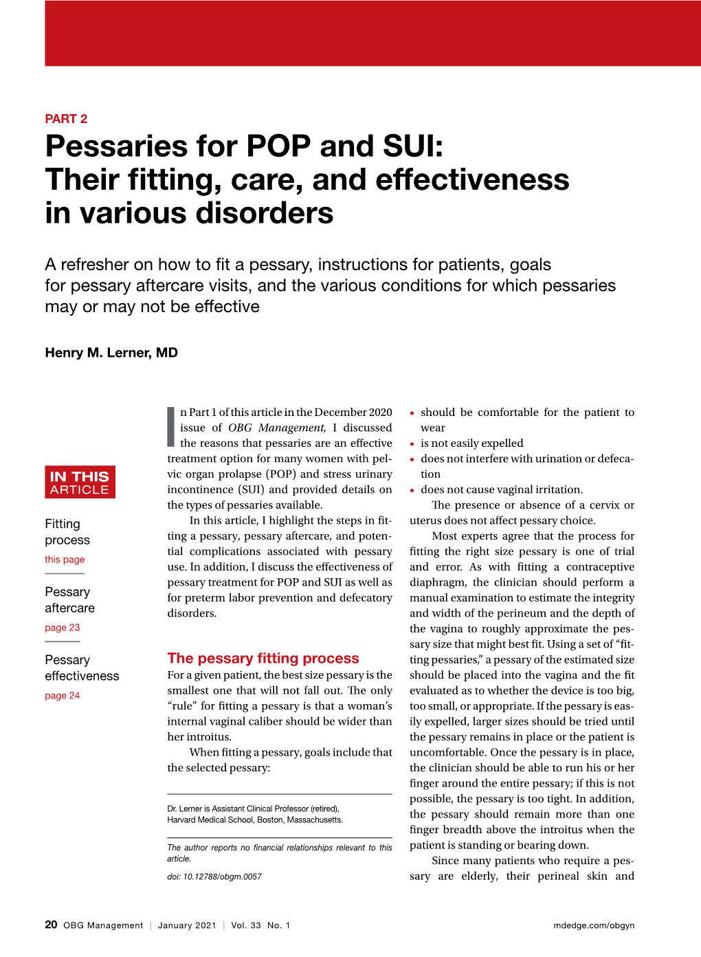 Pessaries for POP and SUI: Their Fitting, Care, and Effectiveness in Various Disorders