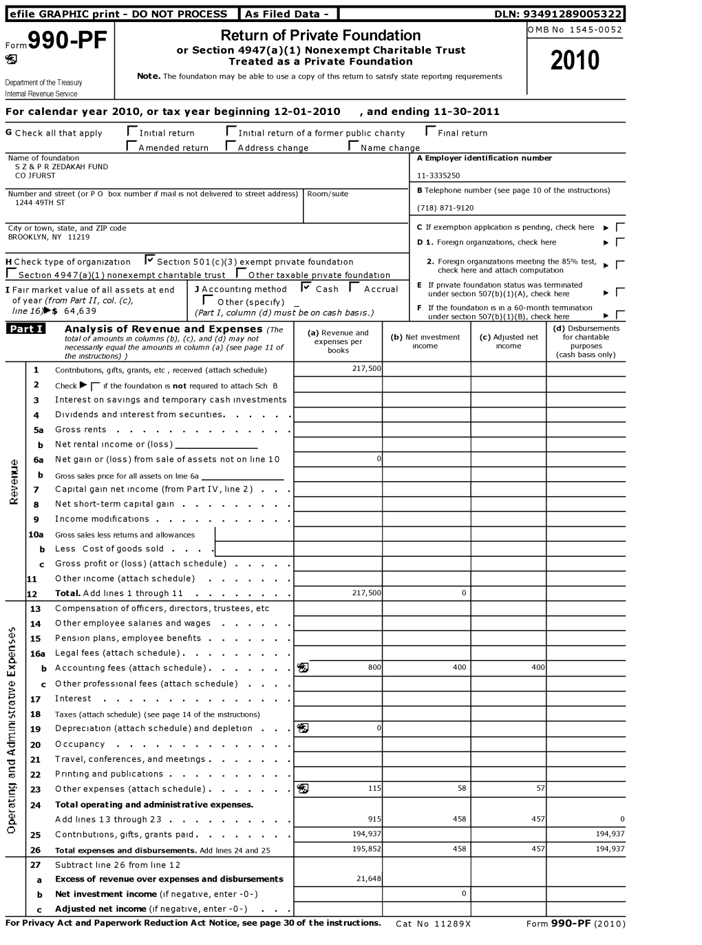 Return of Private Foundation OMB No 1545-0052 Form 990 -PF Or Section 4947( A)(1) Nonexempt Charitable Trust ` Treated As a Private Foundation 201 0 Note