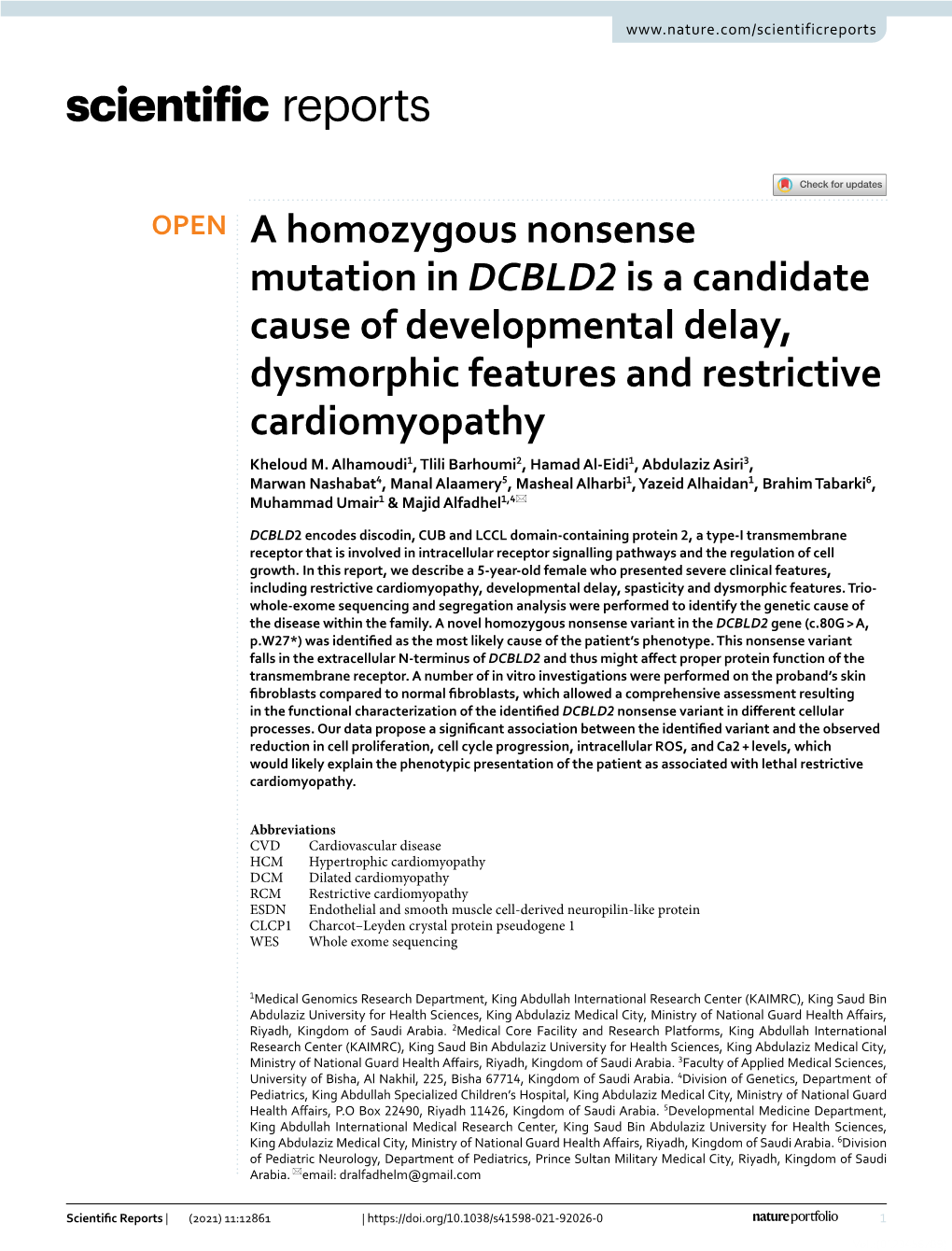 A Homozygous Nonsense Mutation in DCBLD2 Is a Candidate Cause of Developmental Delay, Dysmorphic Features and Restrictive Cardiomyopathy Kheloud M