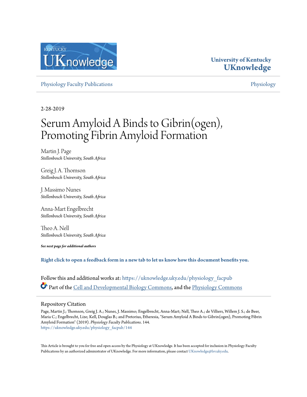 Serum Amyloid a Binds to Gibrin(Ogen), Promoting Fibrin Amyloid Formation Martin J