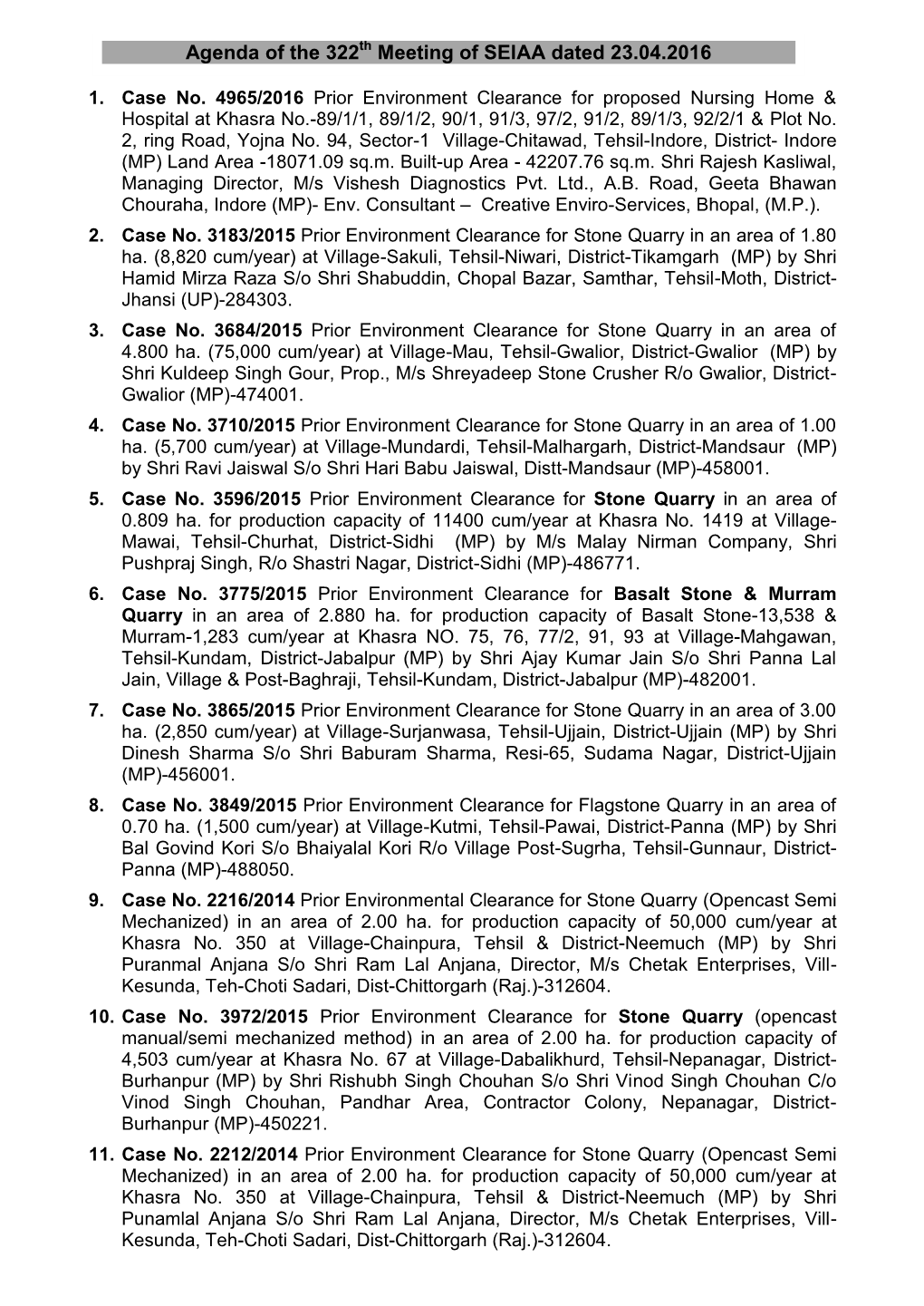 Agenda of the 322 Meeting of SEIAA Dated 23.04.2016