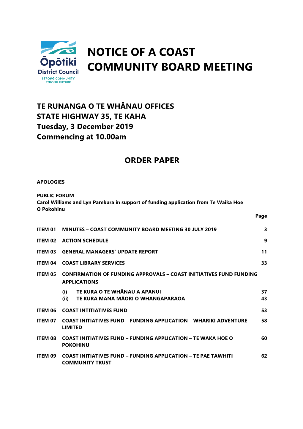 Notice of a Coast Community Board Meeting