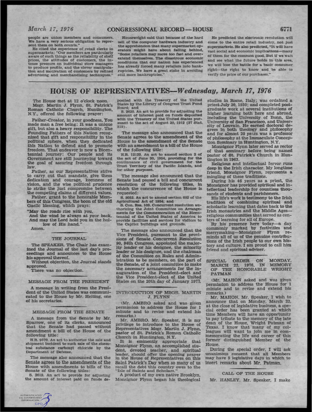 HOUSE of REPRESENTATIVES-Wednesday, March 17,1976 the House Met at 12 O'clock Noon