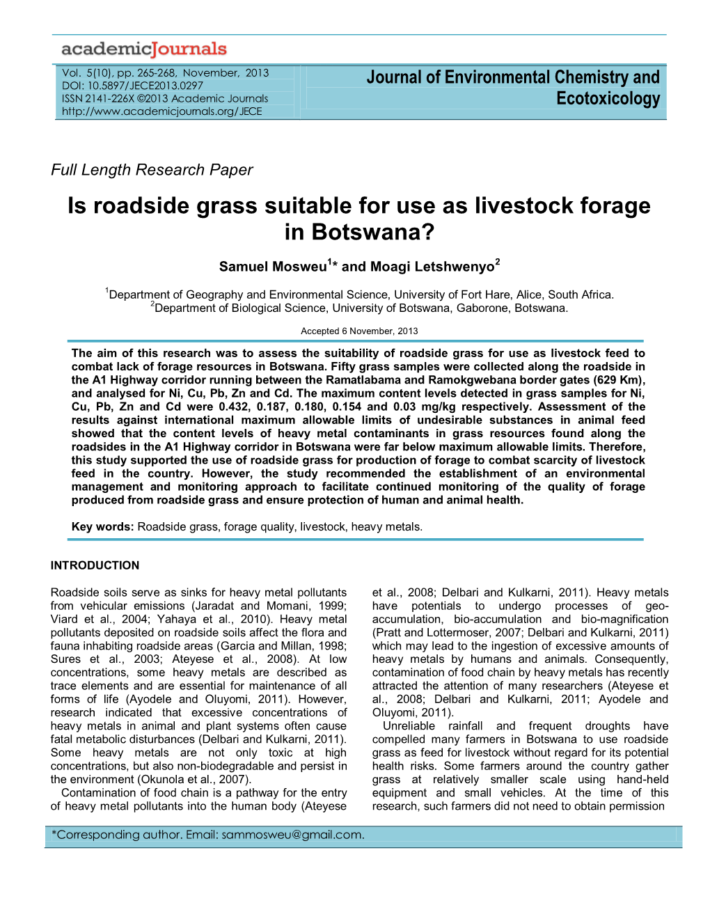 Is Roadside Grass Suitable for Use As Livestock Forage in Botswana?