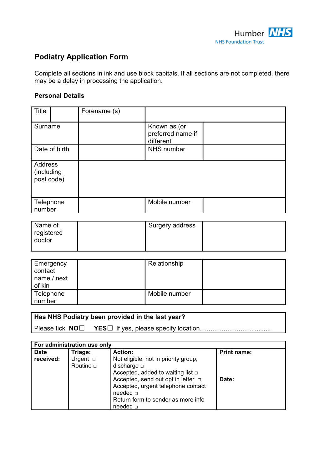 Podiatry Application Form